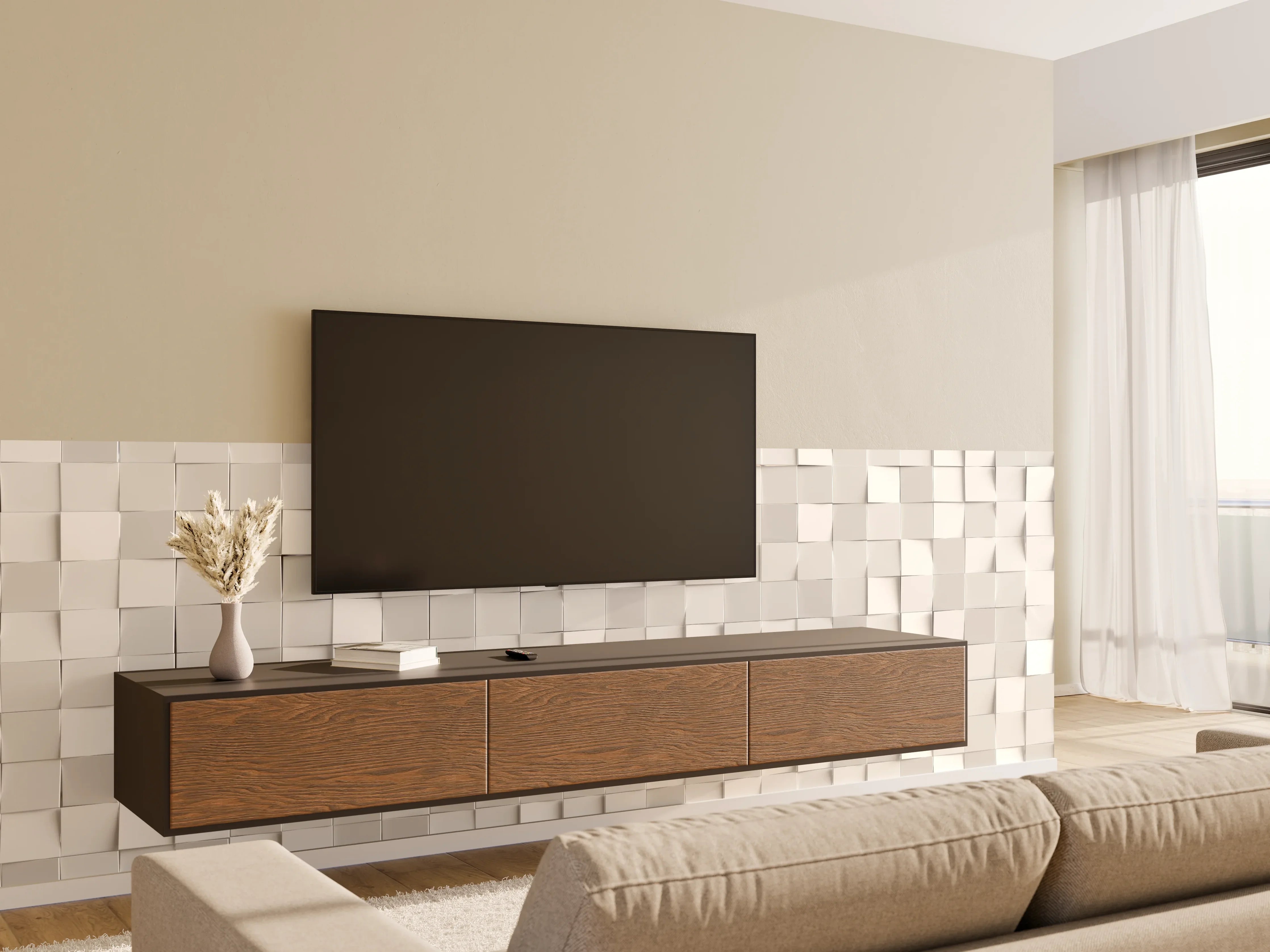 Wandverkleidung Wohnzimmer - Moderne weiße Fliesenwand mit 3D-Effekt