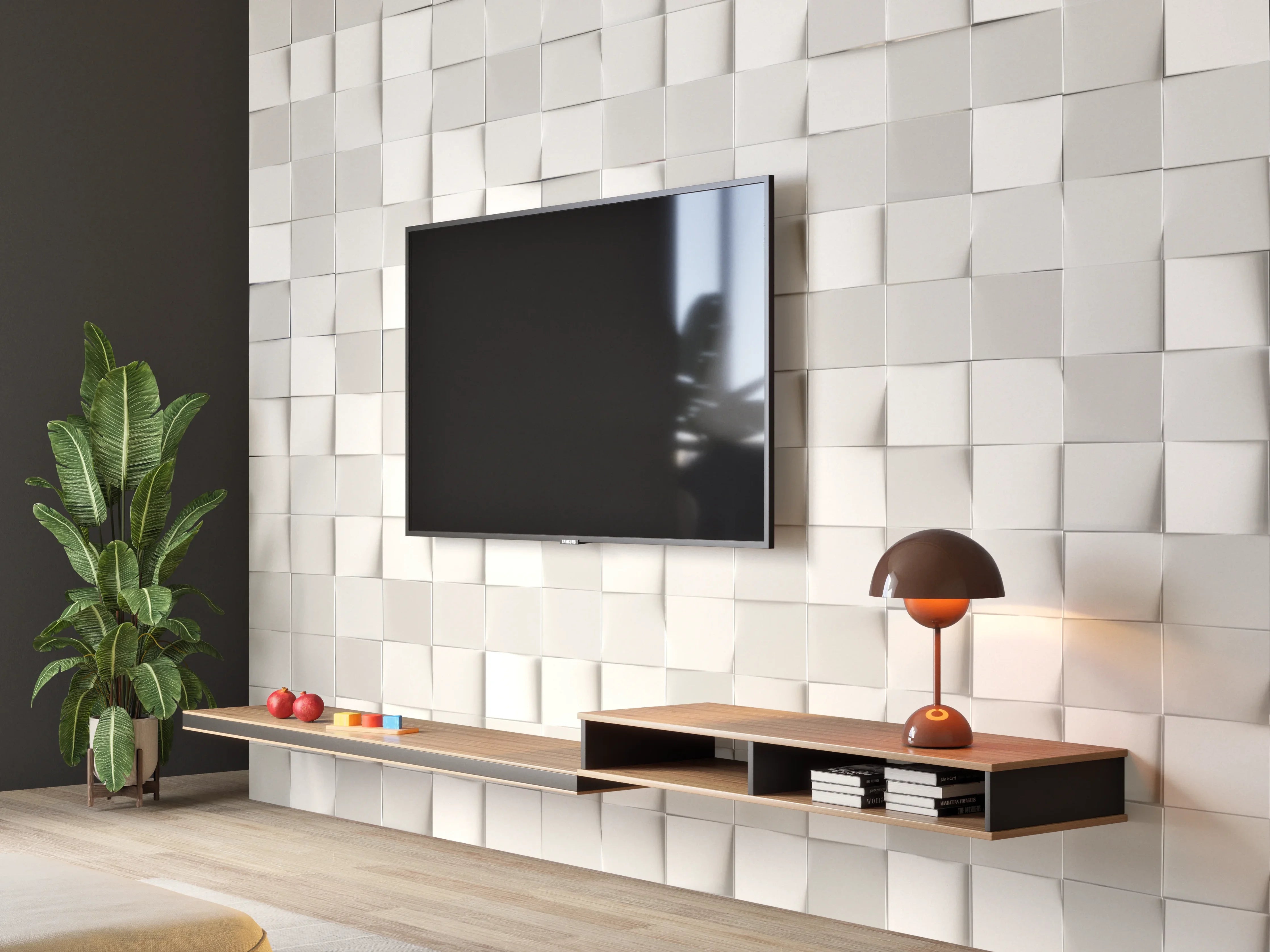 Wandverkleidung Wohnzimmer - Moderne weiße Fliesenwand mit 3D-Effekt