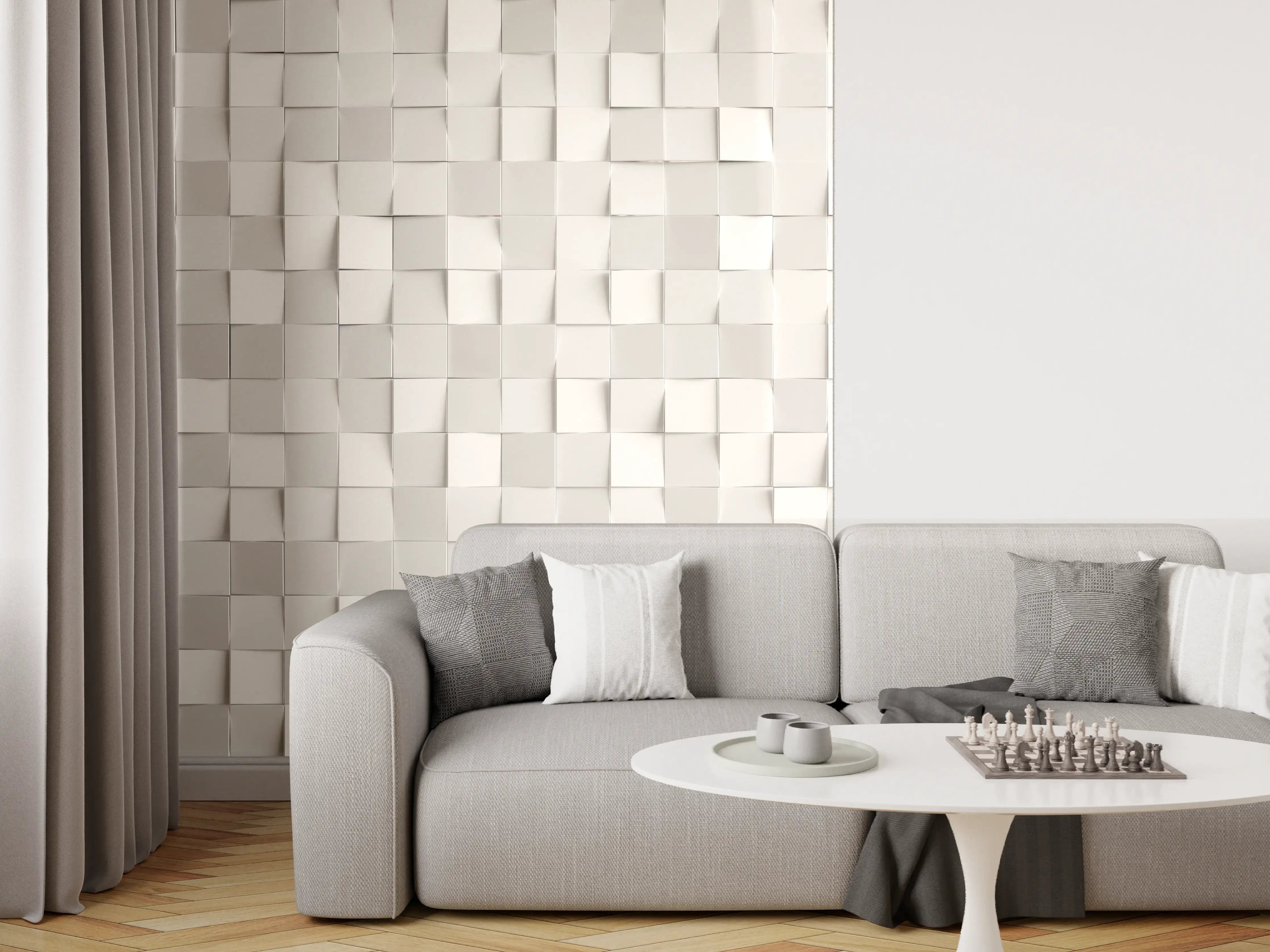 Wandverkleidung Wohnzimmer - Moderne weiße Fliesenwand mit 3D-Effekt