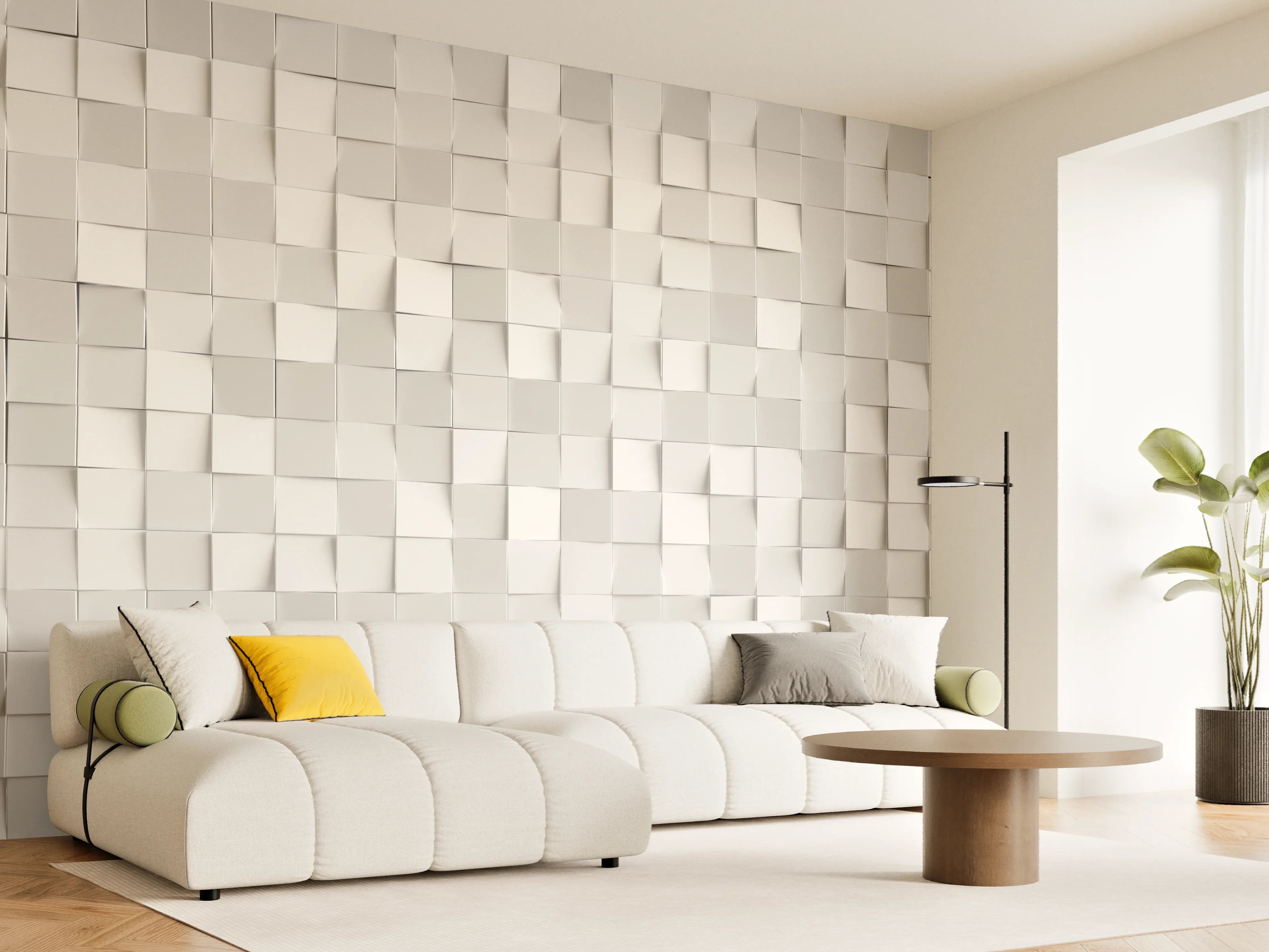 Wandverkleidung Wohnzimmer - Moderne weiße Fliesenwand mit 3D-Effekt