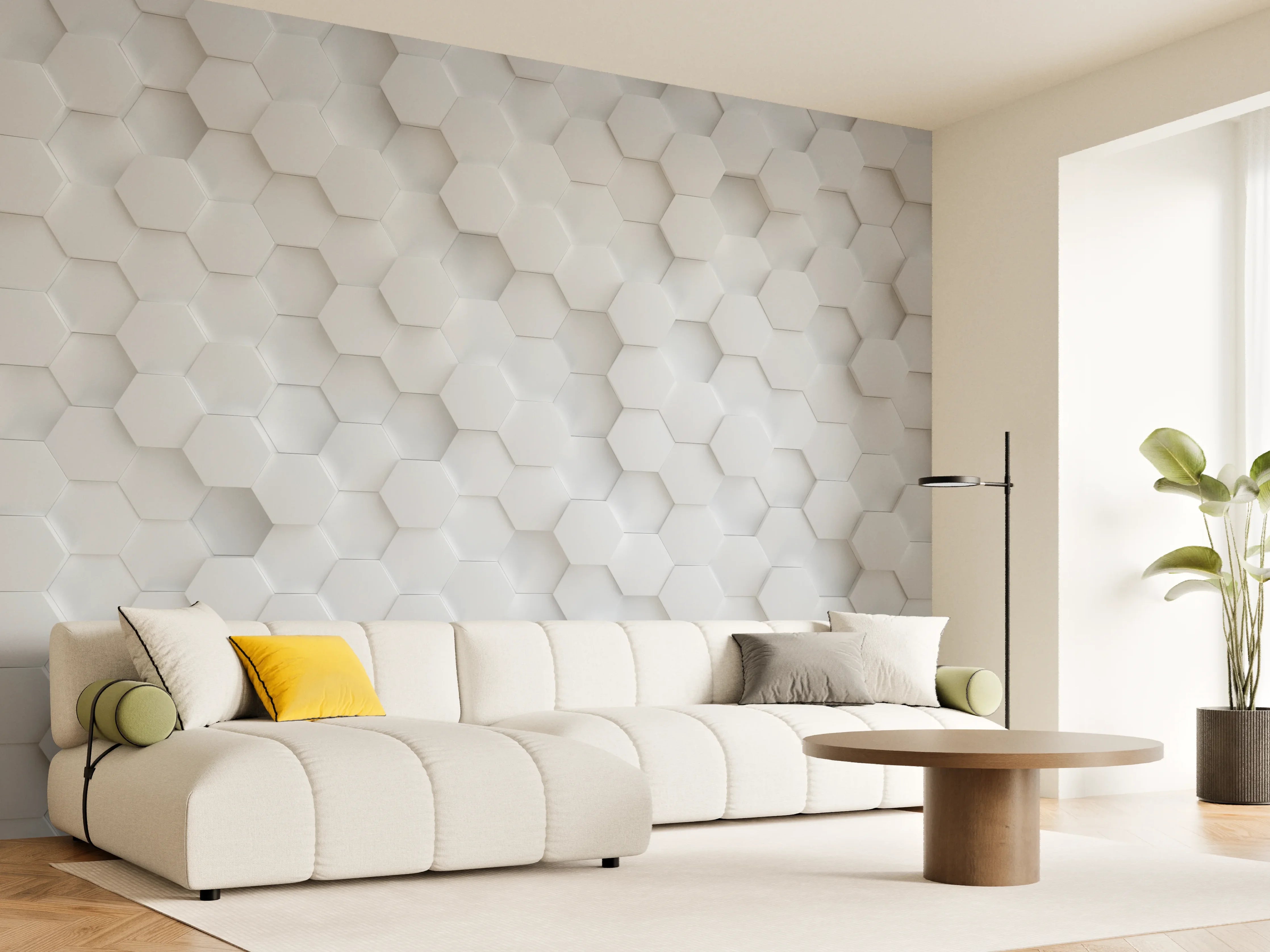 Wandverkleidung Wohnzimmer - Moderne weiße Hexagon-Fliesen