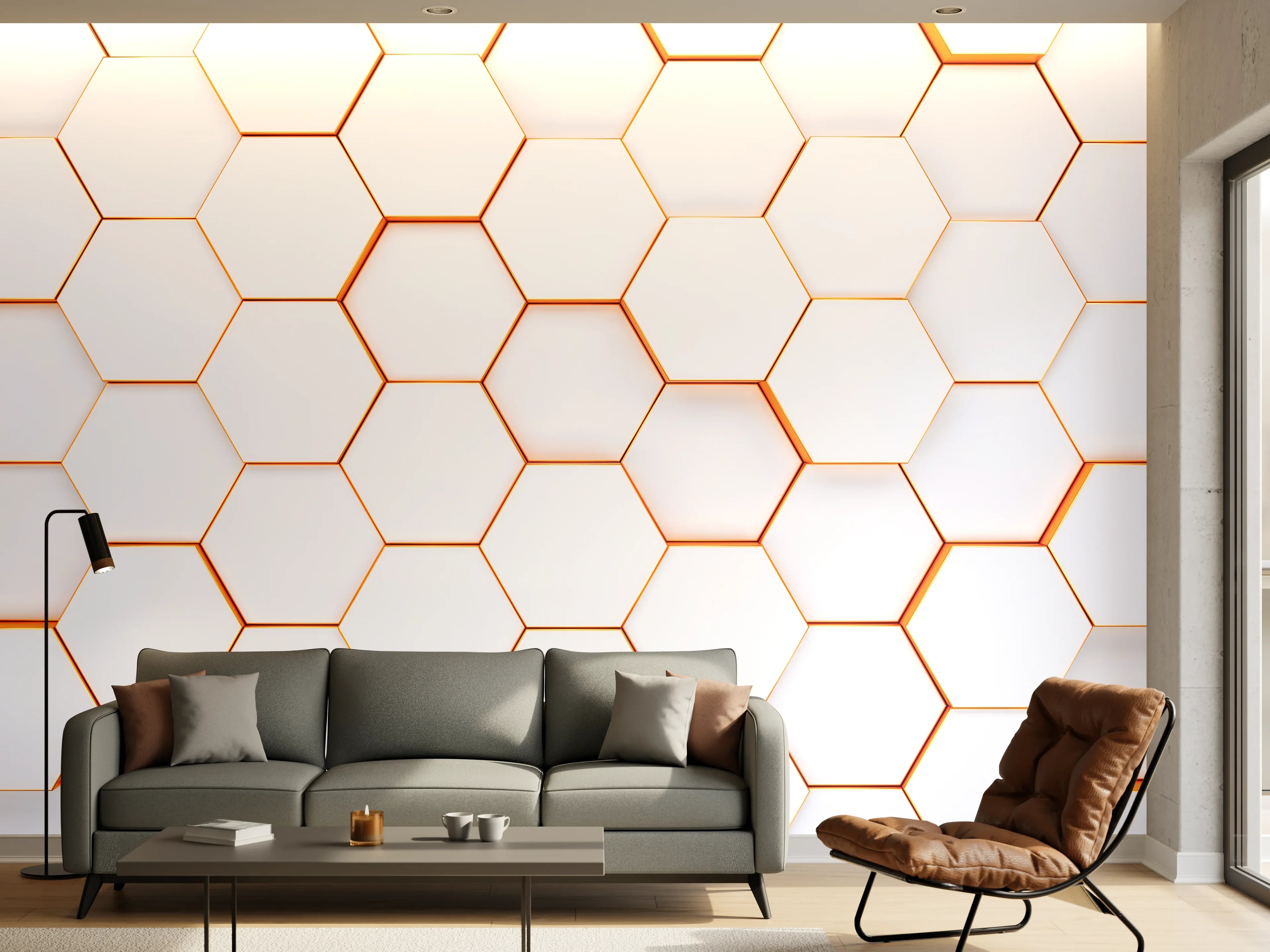 Wandverkleidung Wohnzimmer - Moderne weiße Wand mit Hexagon-Mustern