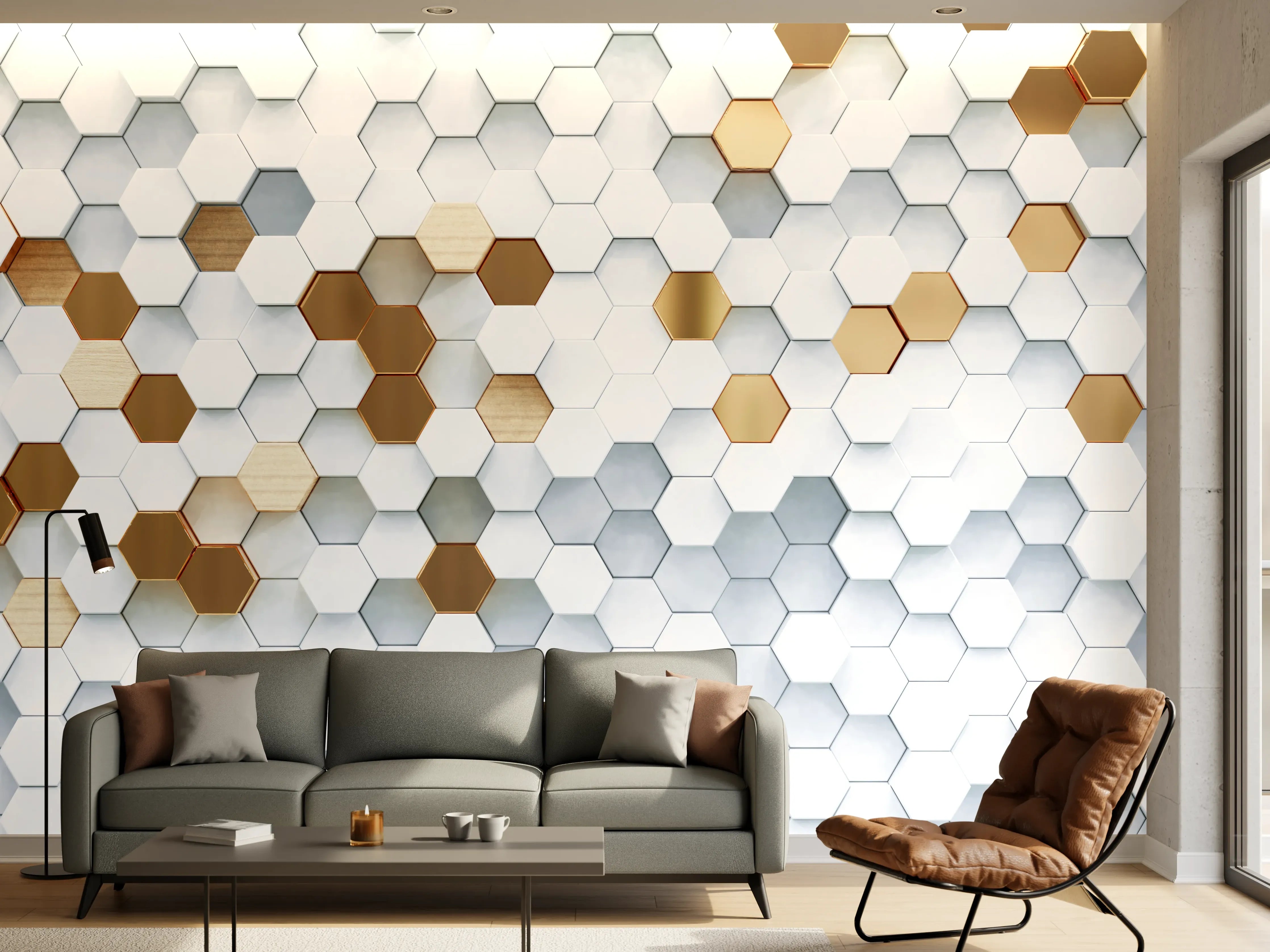 Wandverkleidung Wohnzimmer - Moderne weiße und goldene Hexagon-Fliesen