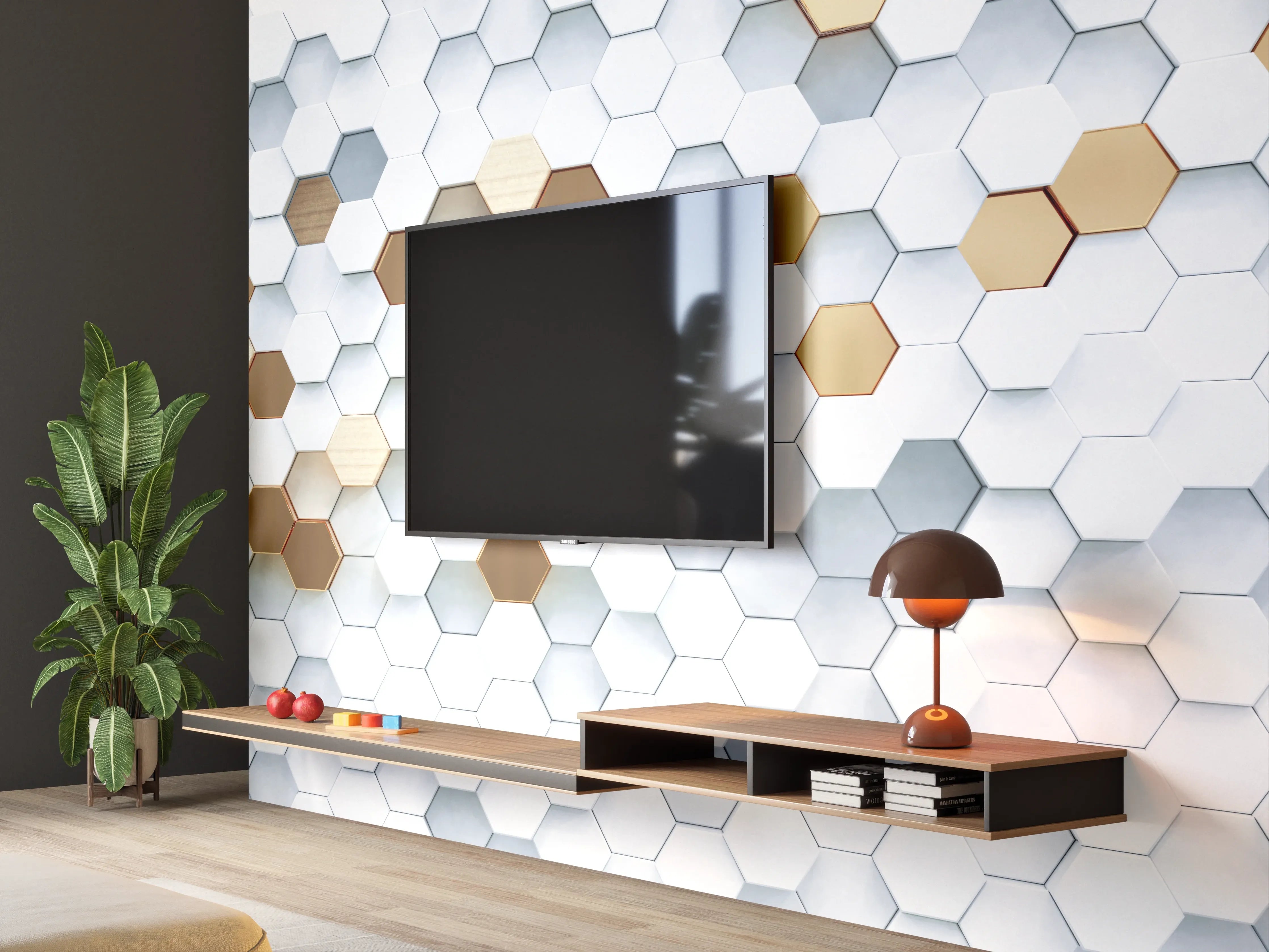 Wandverkleidung Wohnzimmer - Moderne weiße und goldene Hexagon-Fliesen