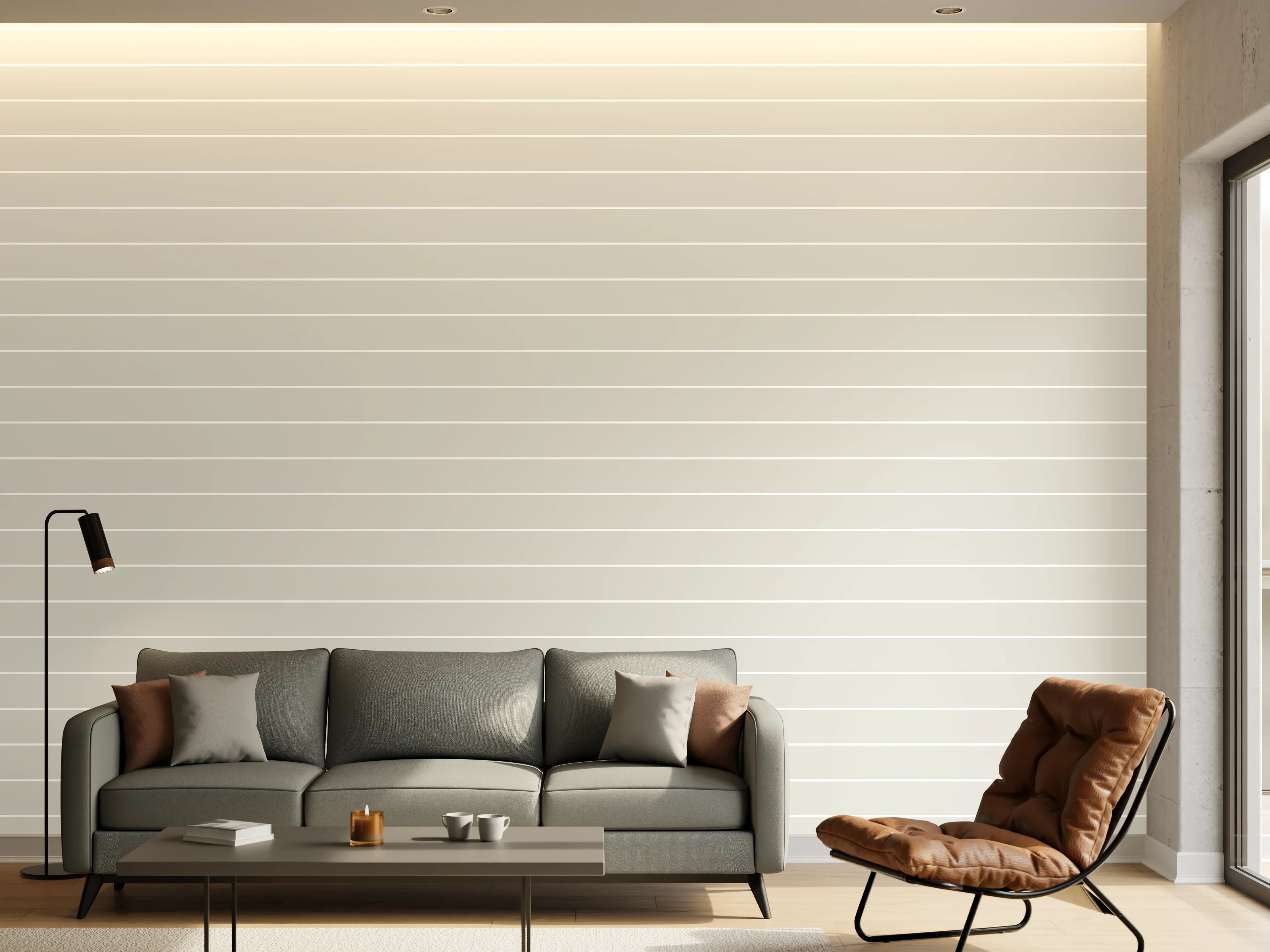 Wandverkleidung Wohnzimmer - Moderne, elegante Fliesen in Grau mit Streifenmuster