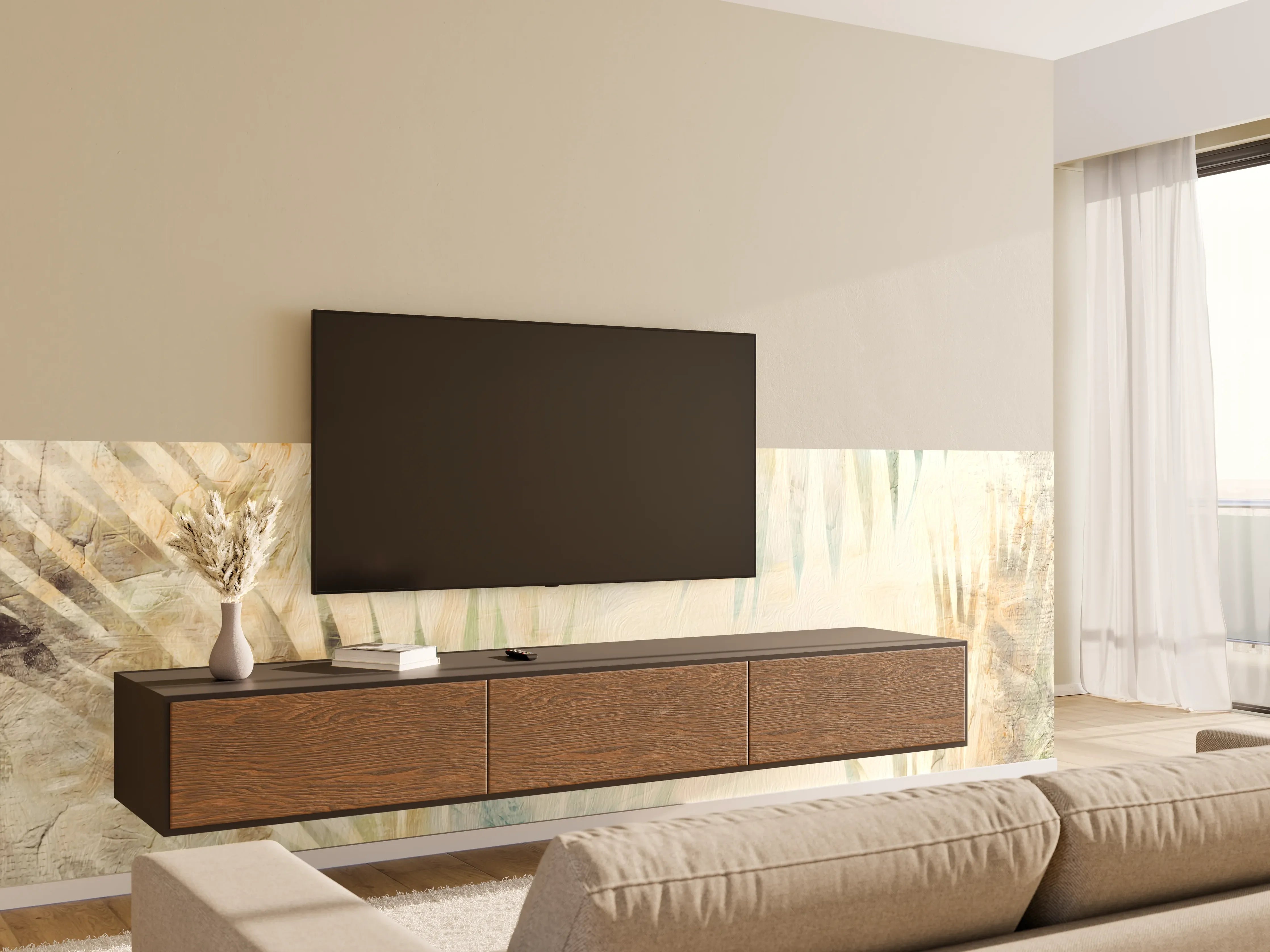 Wandverkleidung Wohnzimmer - Moderne, helle Naturgestaltung