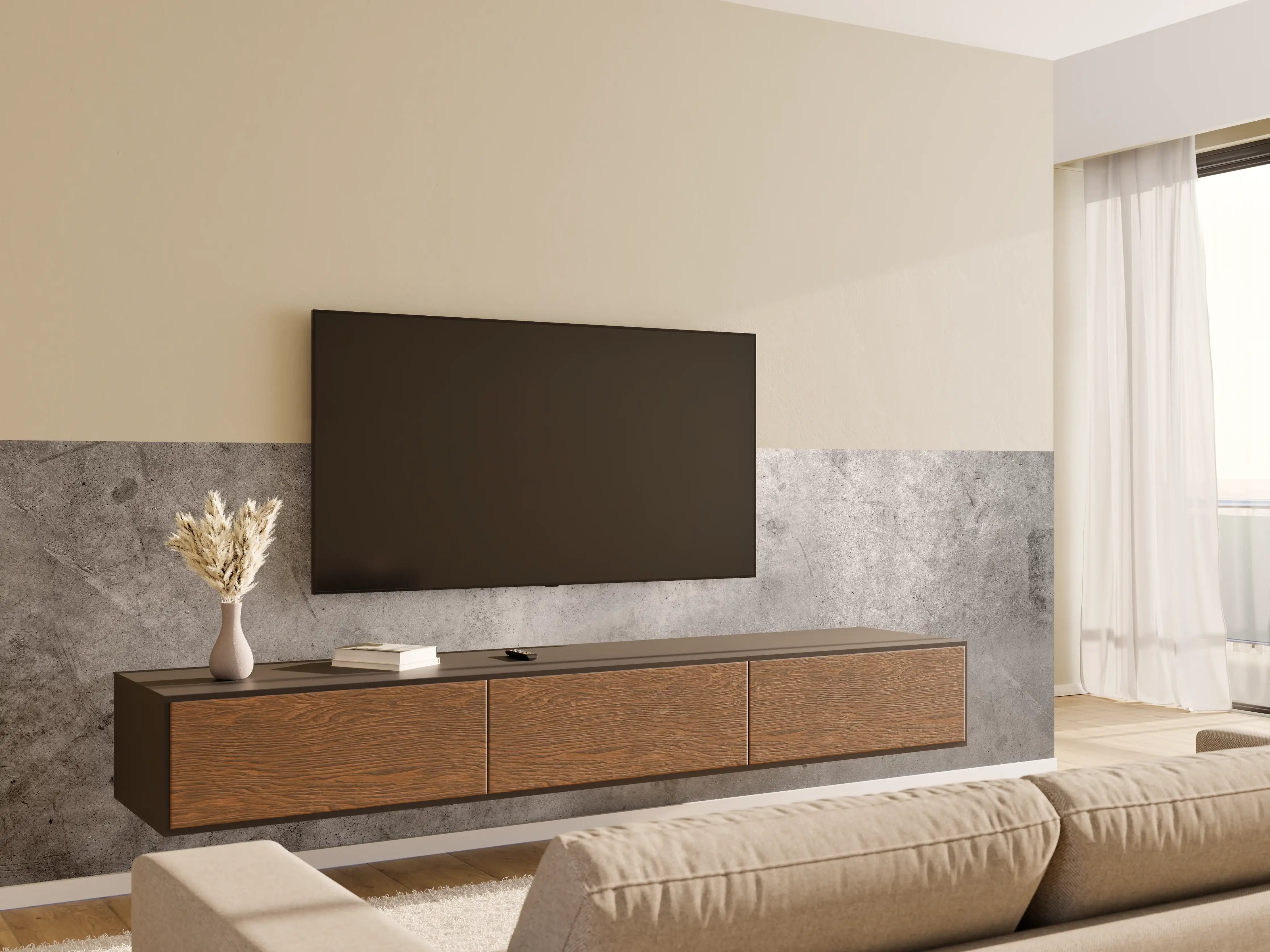 Wandverkleidung Wohnzimmer - Moderner Betonboden in Grau