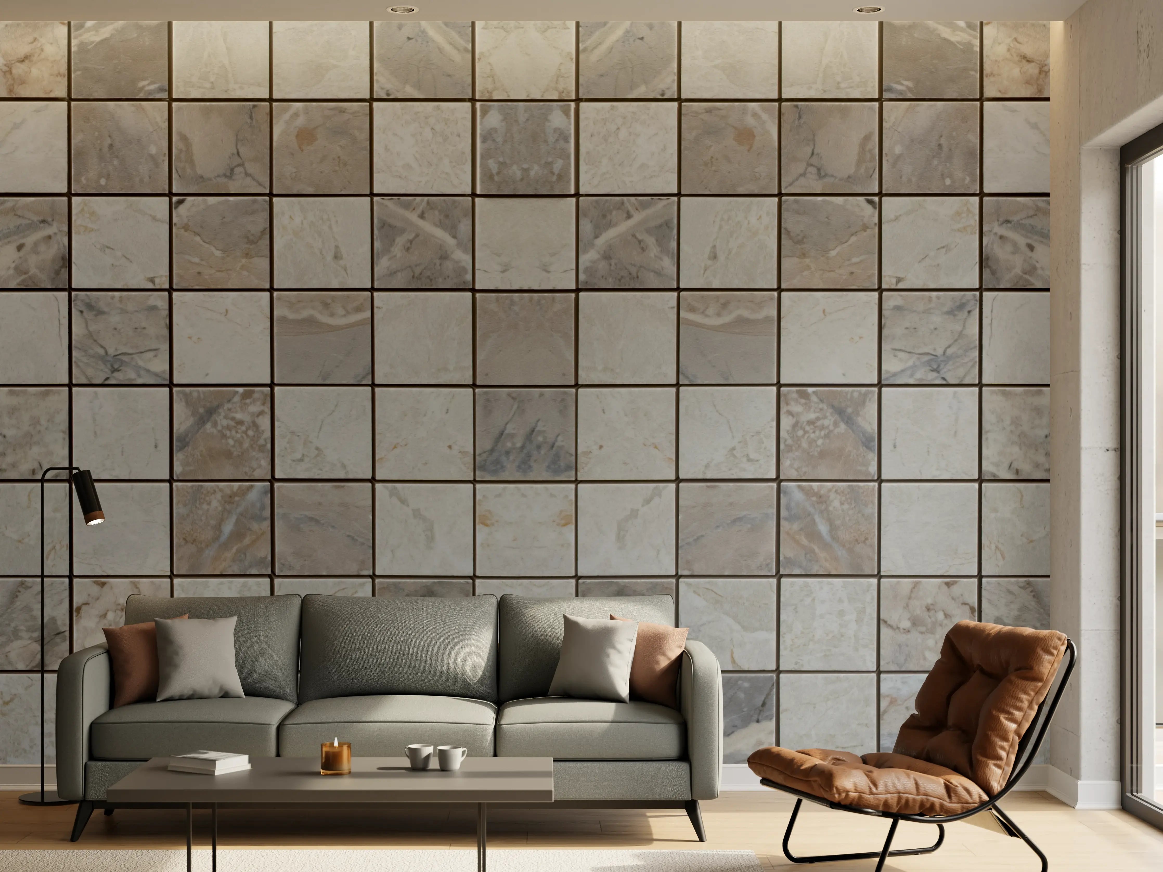 Wandverkleidung Wohnzimmer - Moderner Fliesenboden in Grau