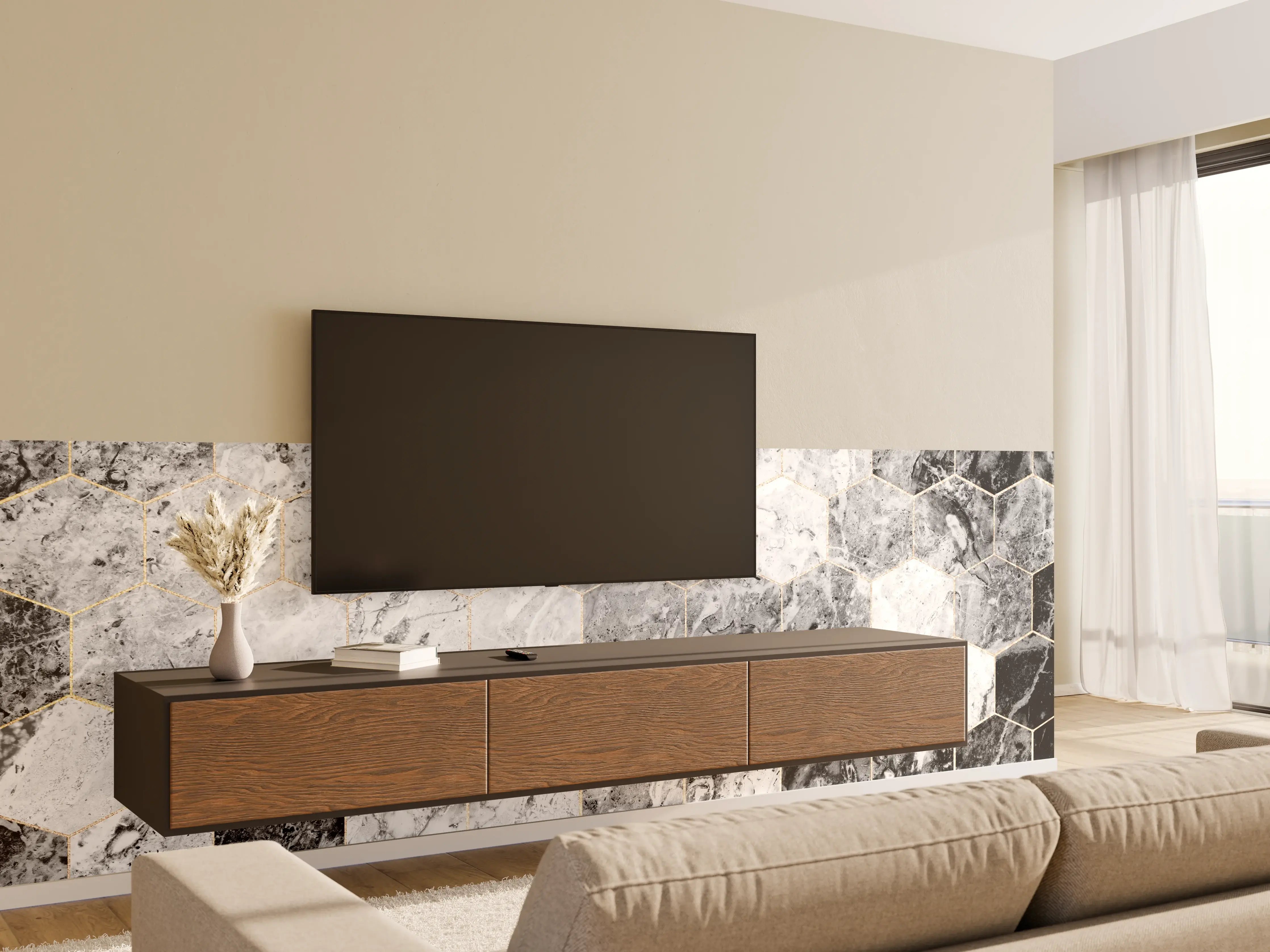 Wandverkleidung Wohnzimmer - Moderner Marmorboden mit Hexagon-Design