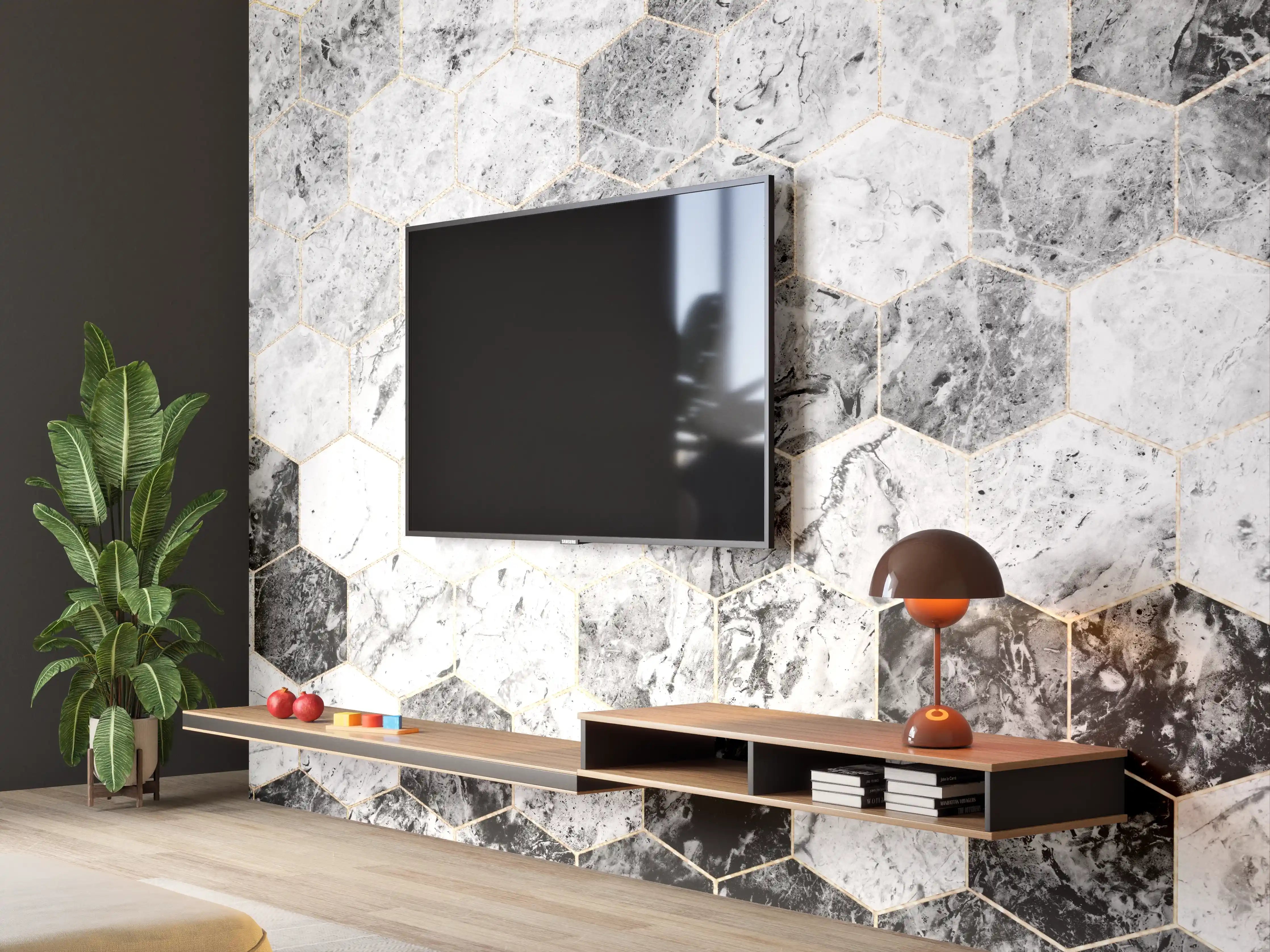 Wandverkleidung Wohnzimmer - Moderner Marmorboden mit Hexagon-Design