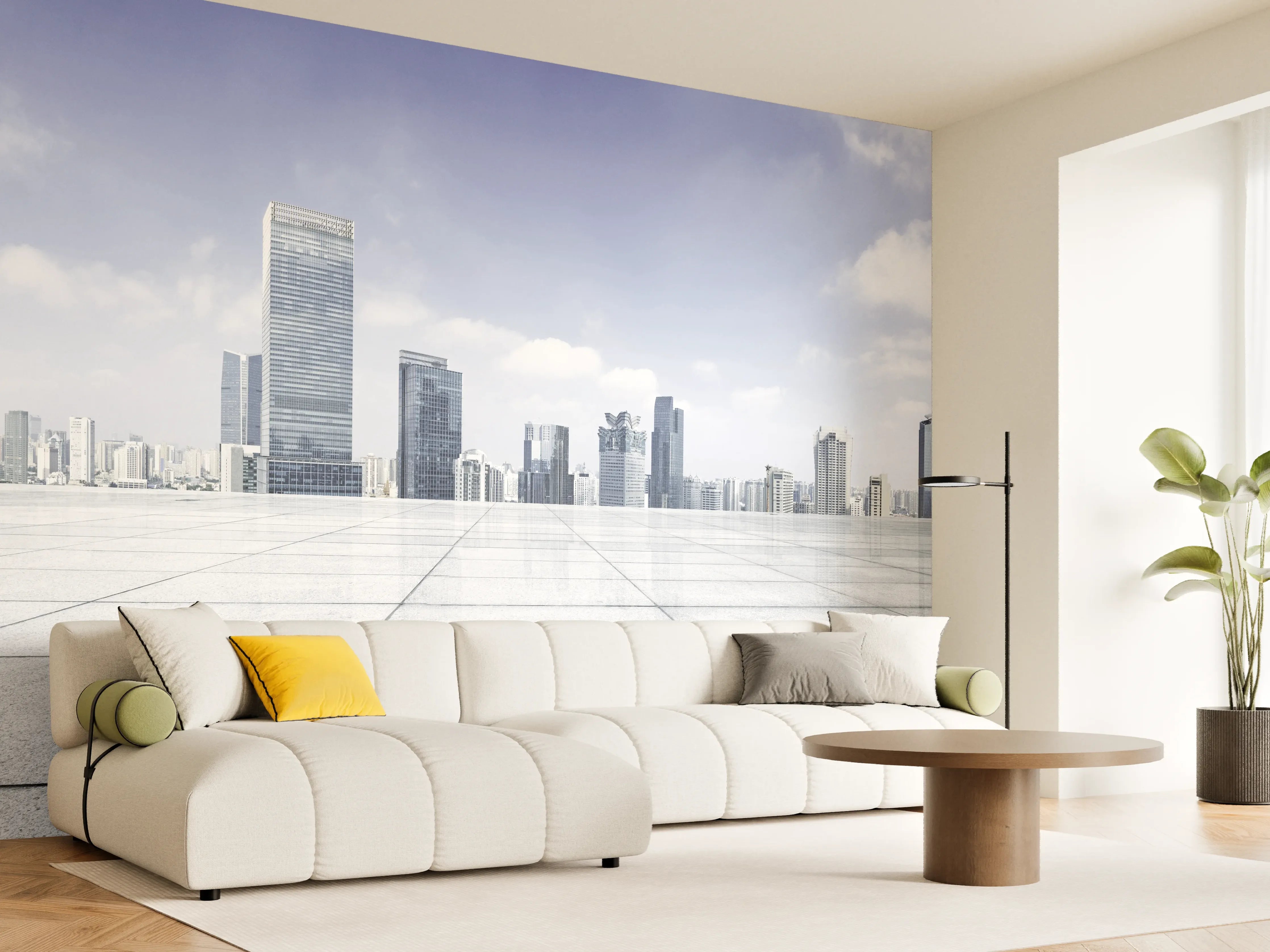 Wandverkleidung Wohnzimmer - Moderner Skyline und Gebäuden