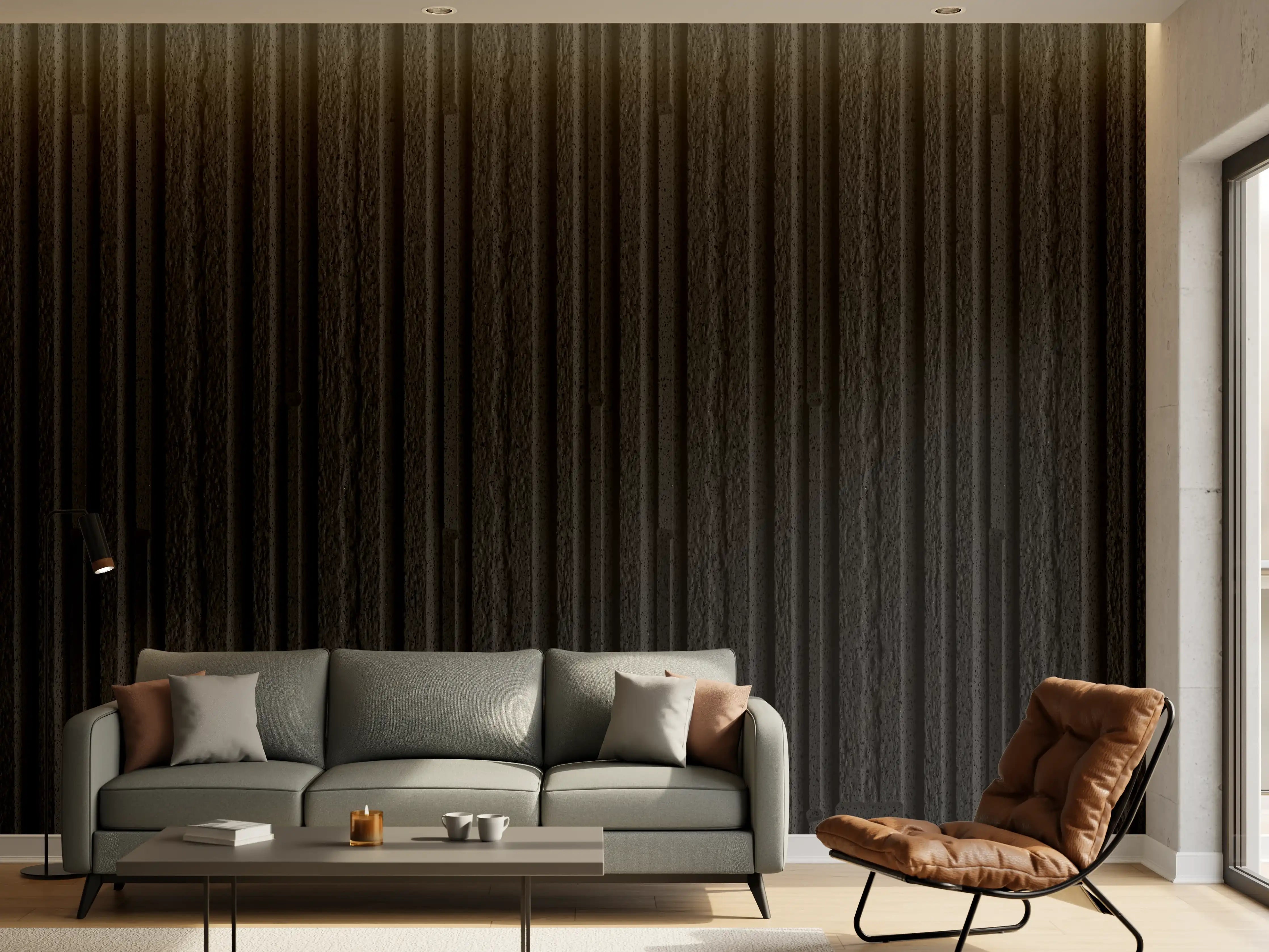 Wandverkleidung Wohnzimmer - Moderner schwarzer Holzofen in schwarz-weißer Umgebung