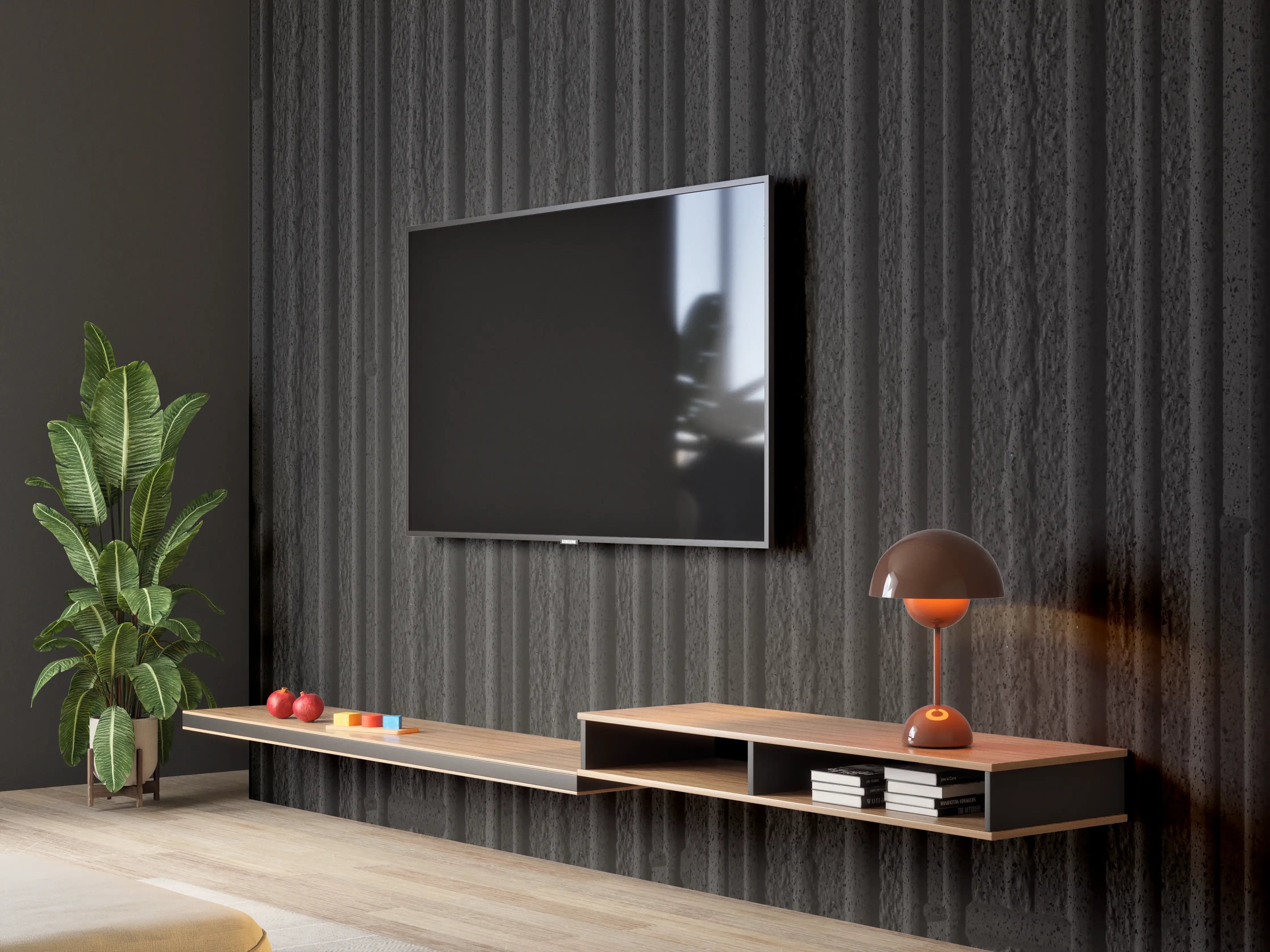 Wandverkleidung Wohnzimmer - Moderner schwarzer Holzofen in schwarz-weißer Umgebung
