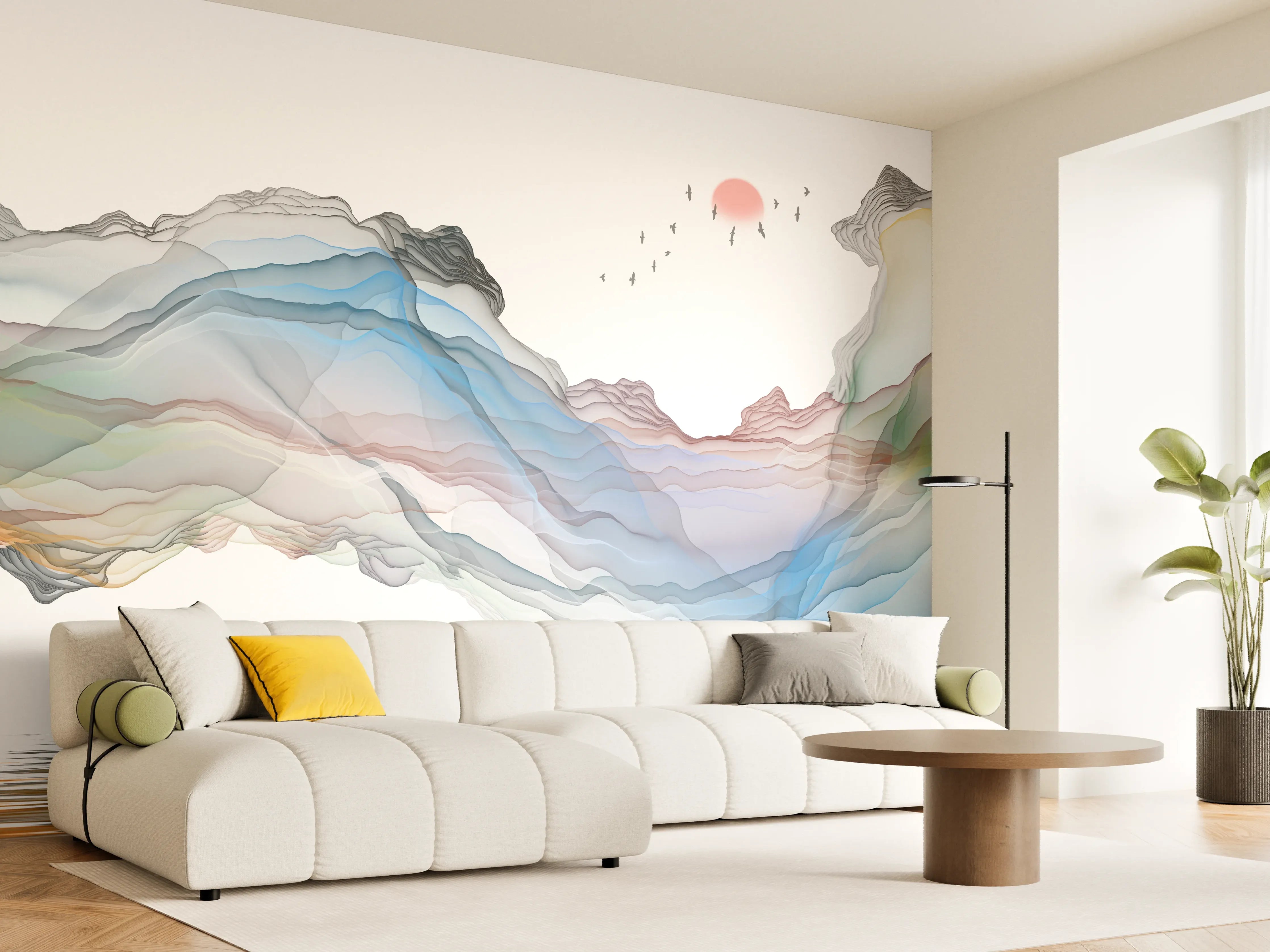 Wandverkleidung Wohnzimmer - Modernes Wasserfarben Gemälde Boot Vögel See