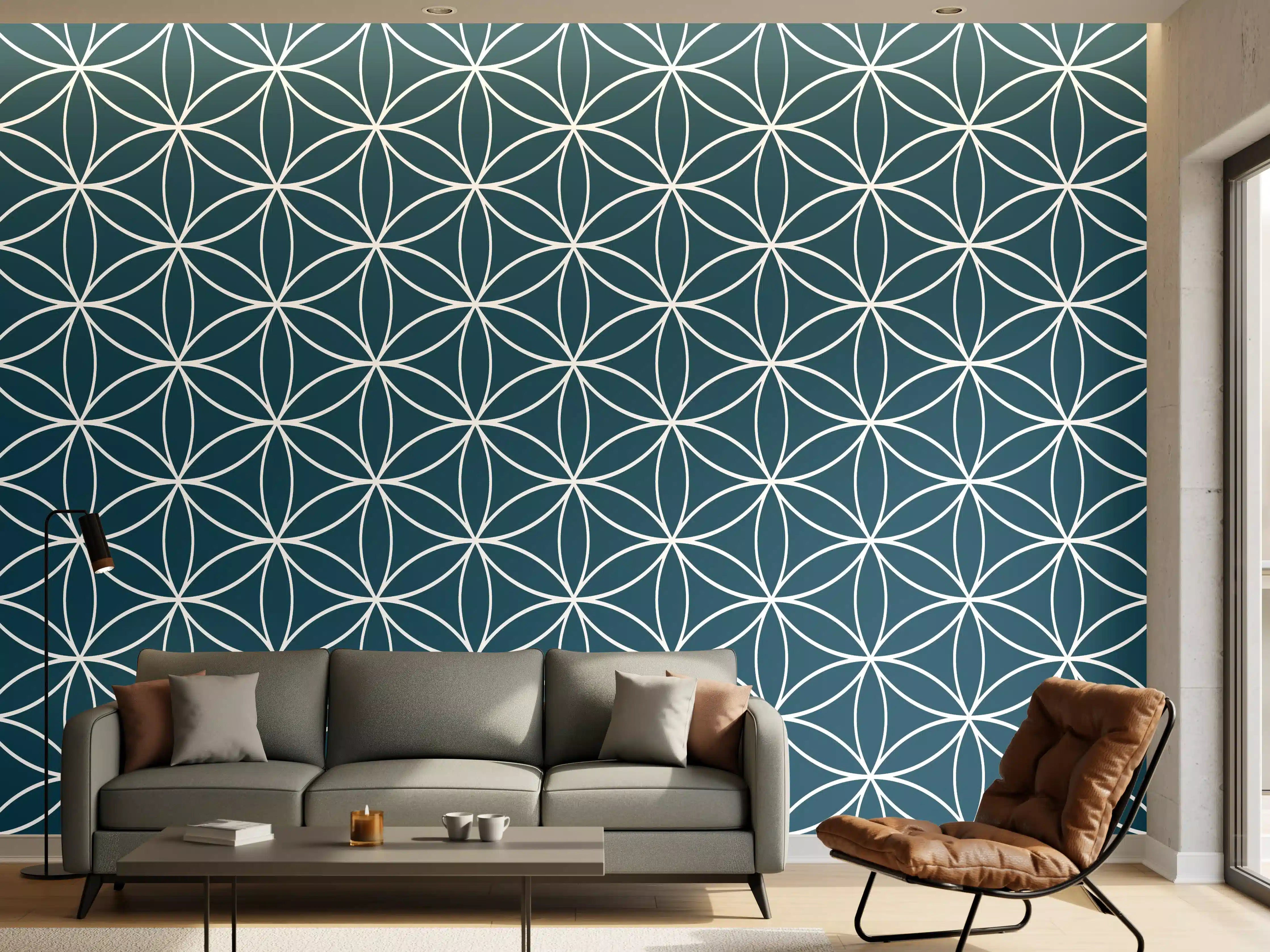 Wandverkleidung Wohnzimmer - Modernes geometrisches Muster in Blau und Weiß