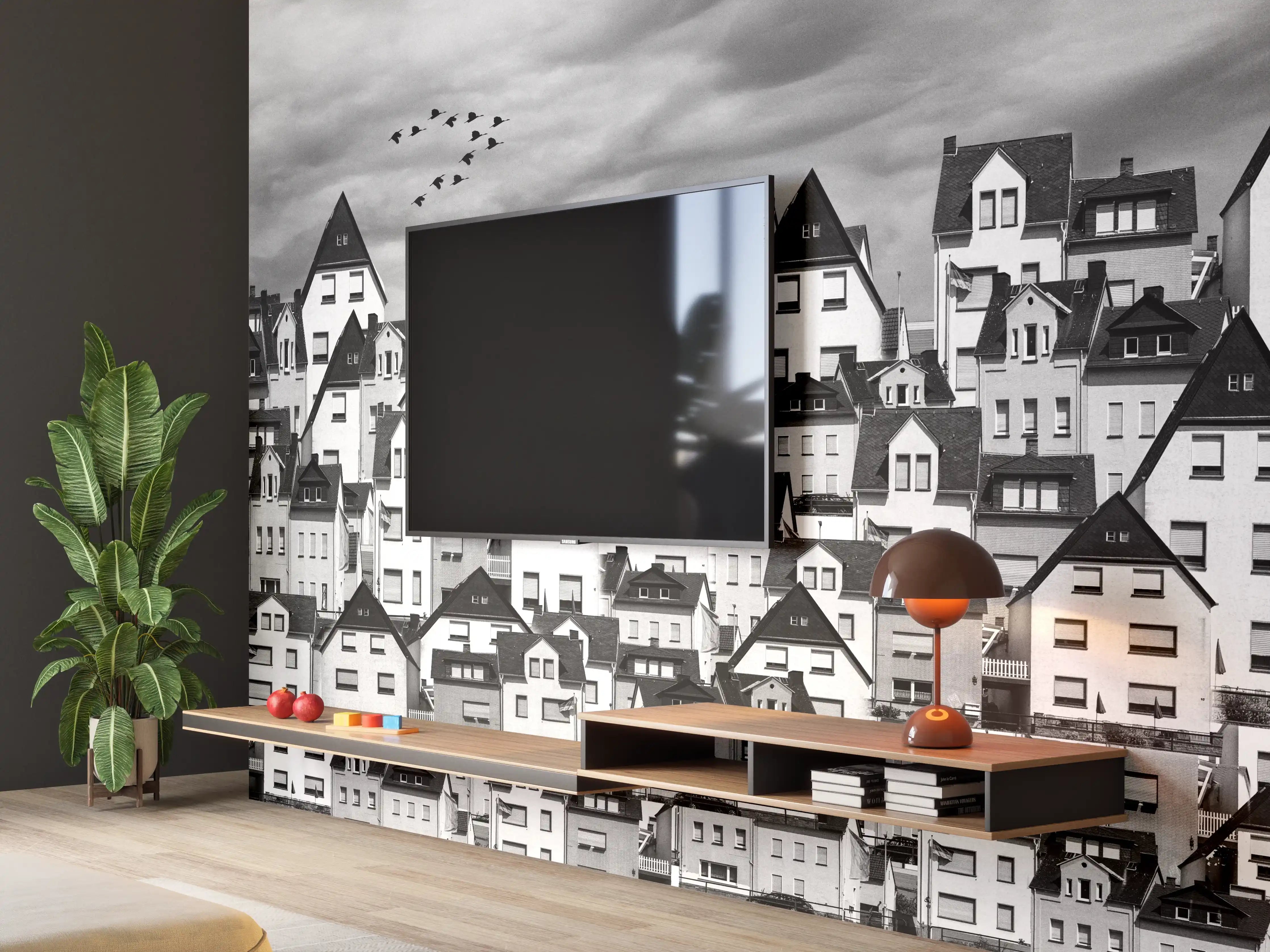 Wandverkleidung Wohnzimmer - Monochrome Stadtansicht