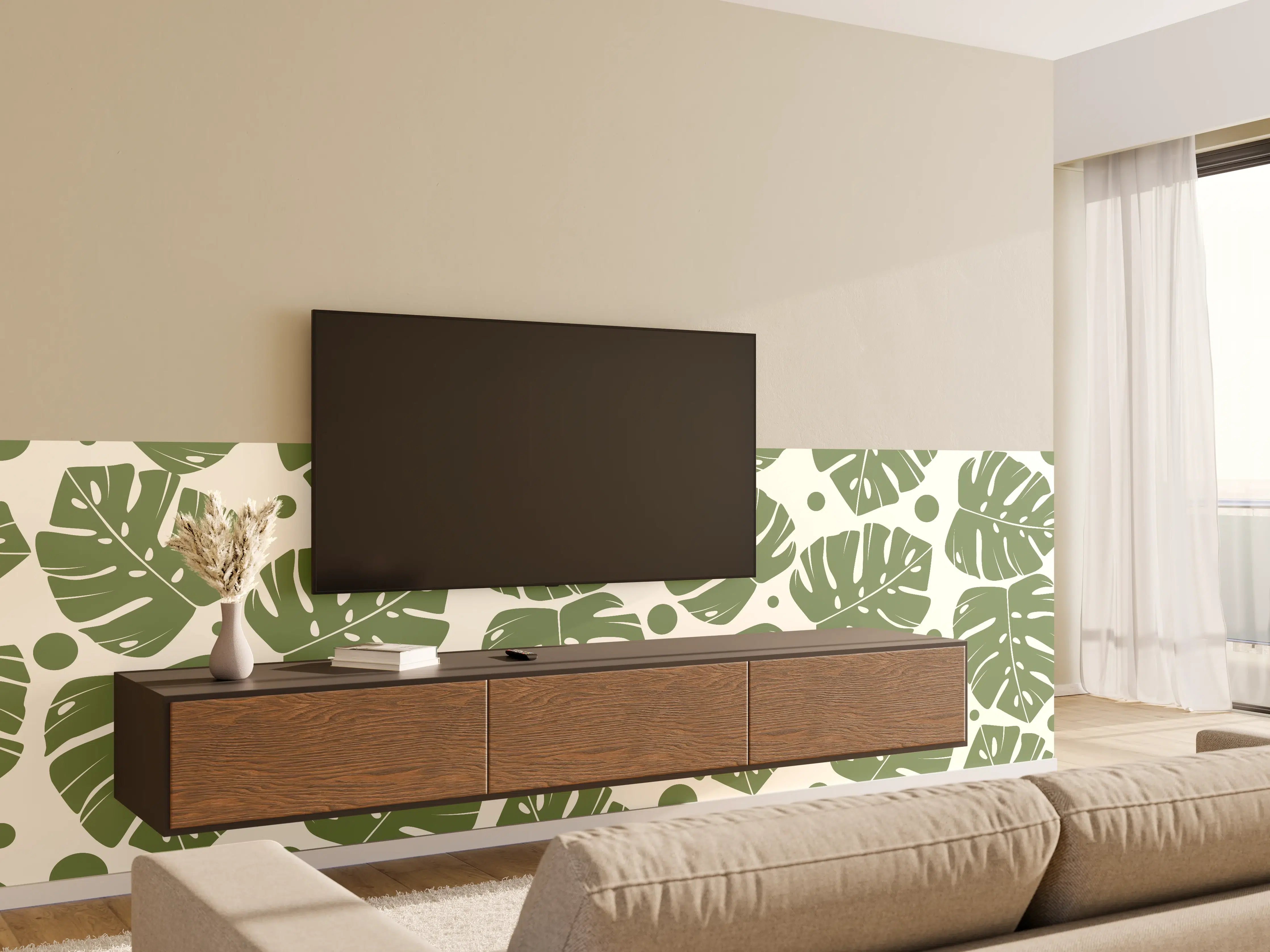 Wandverkleidung Wohnzimmer - Monstera-Blätter Cremegrün