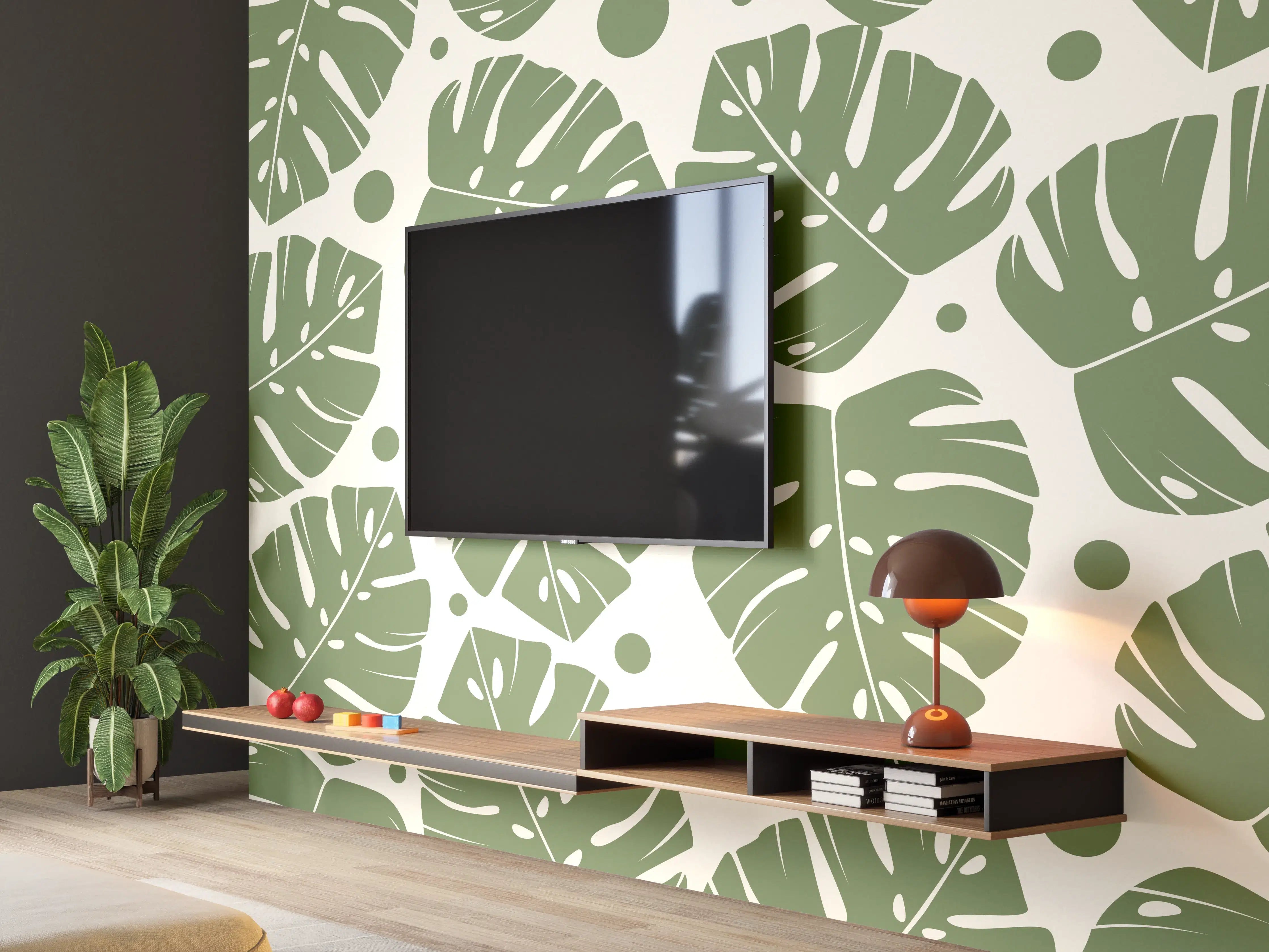 Wandverkleidung Wohnzimmer - Monstera-Blätter Cremegrün