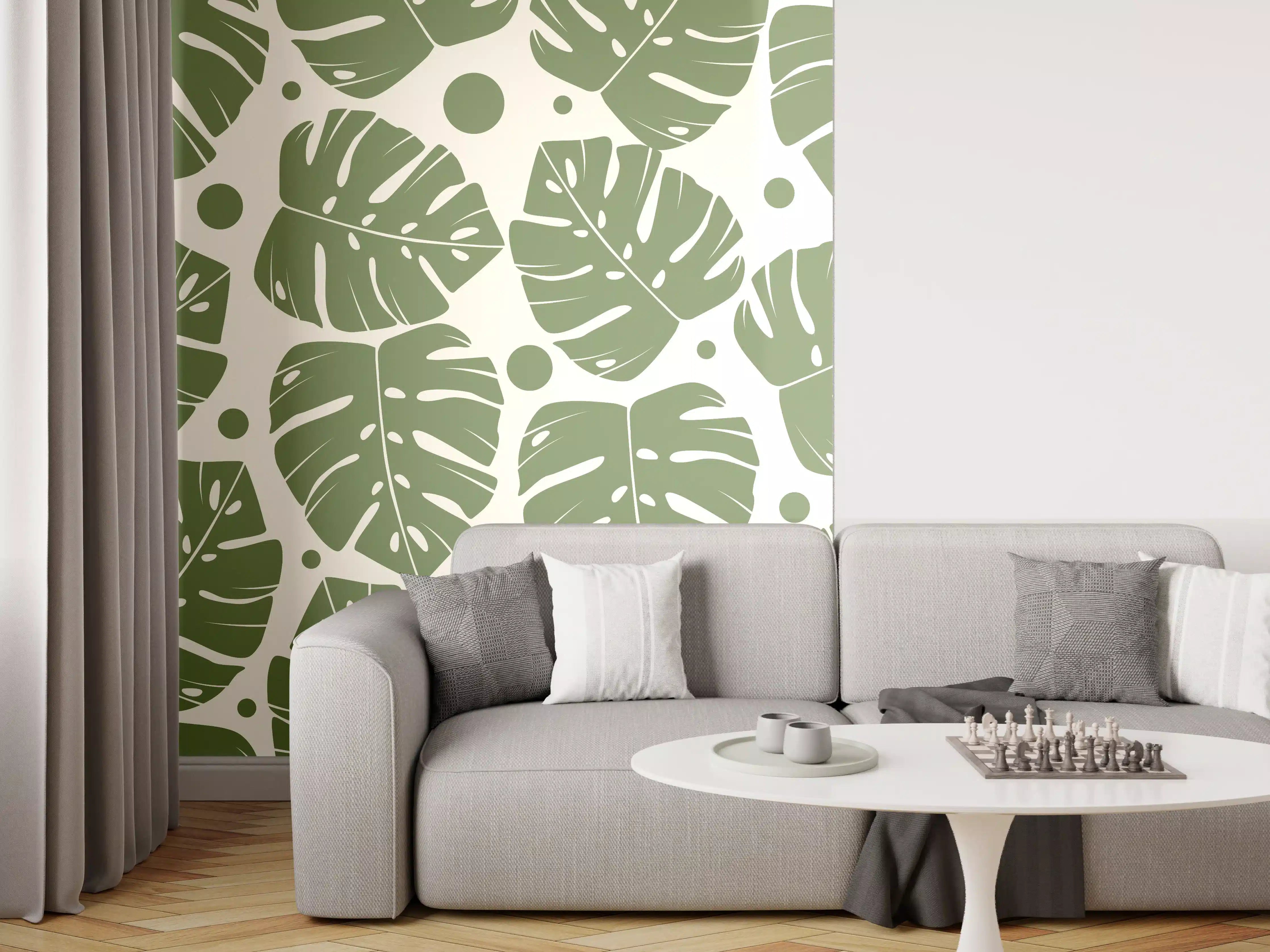 Wandverkleidung Wohnzimmer - Monstera-Blätter Cremegrün