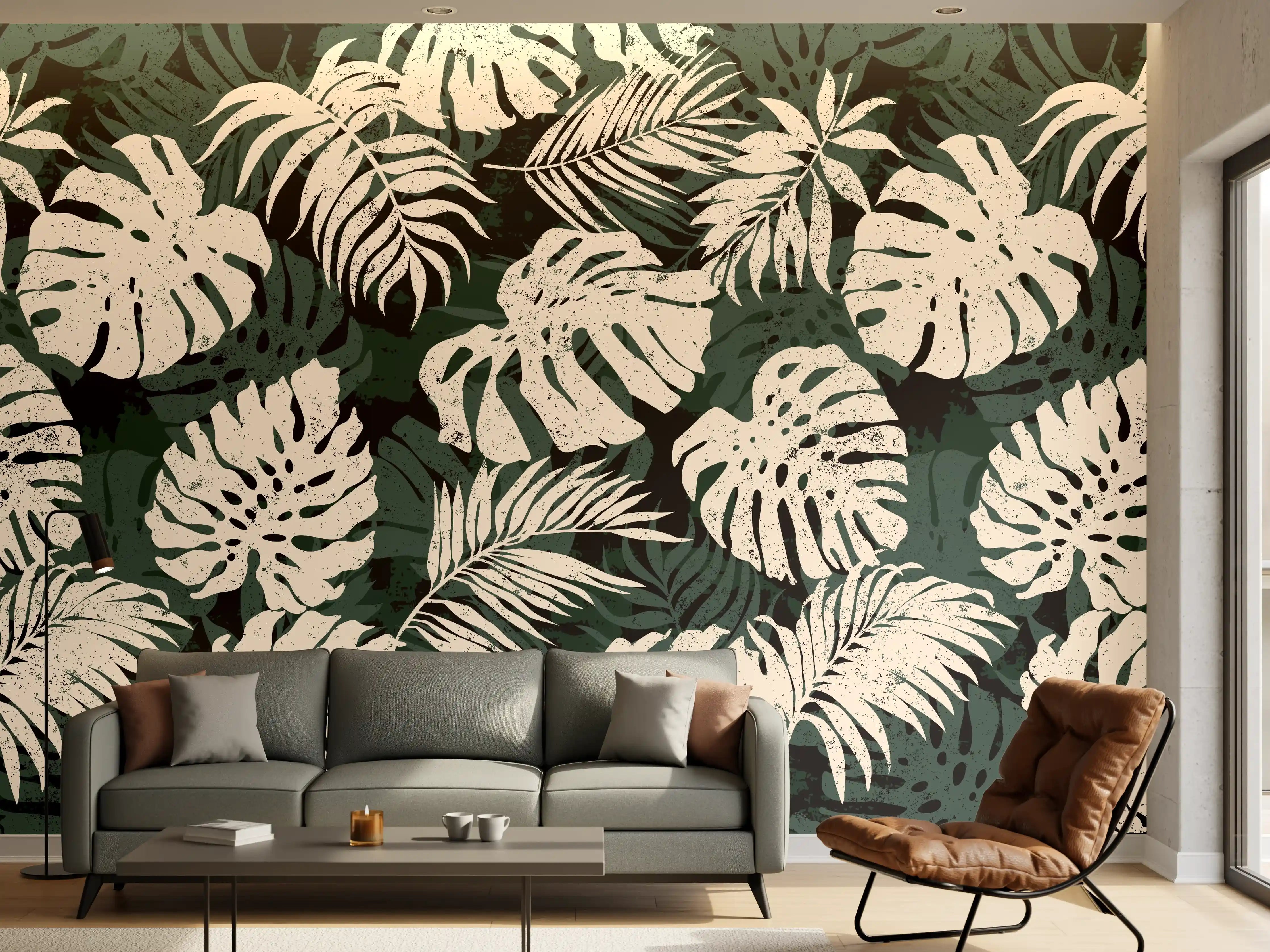 Wandverkleidung Wohnzimmer - Monstera Blattmuster Grün-Beige