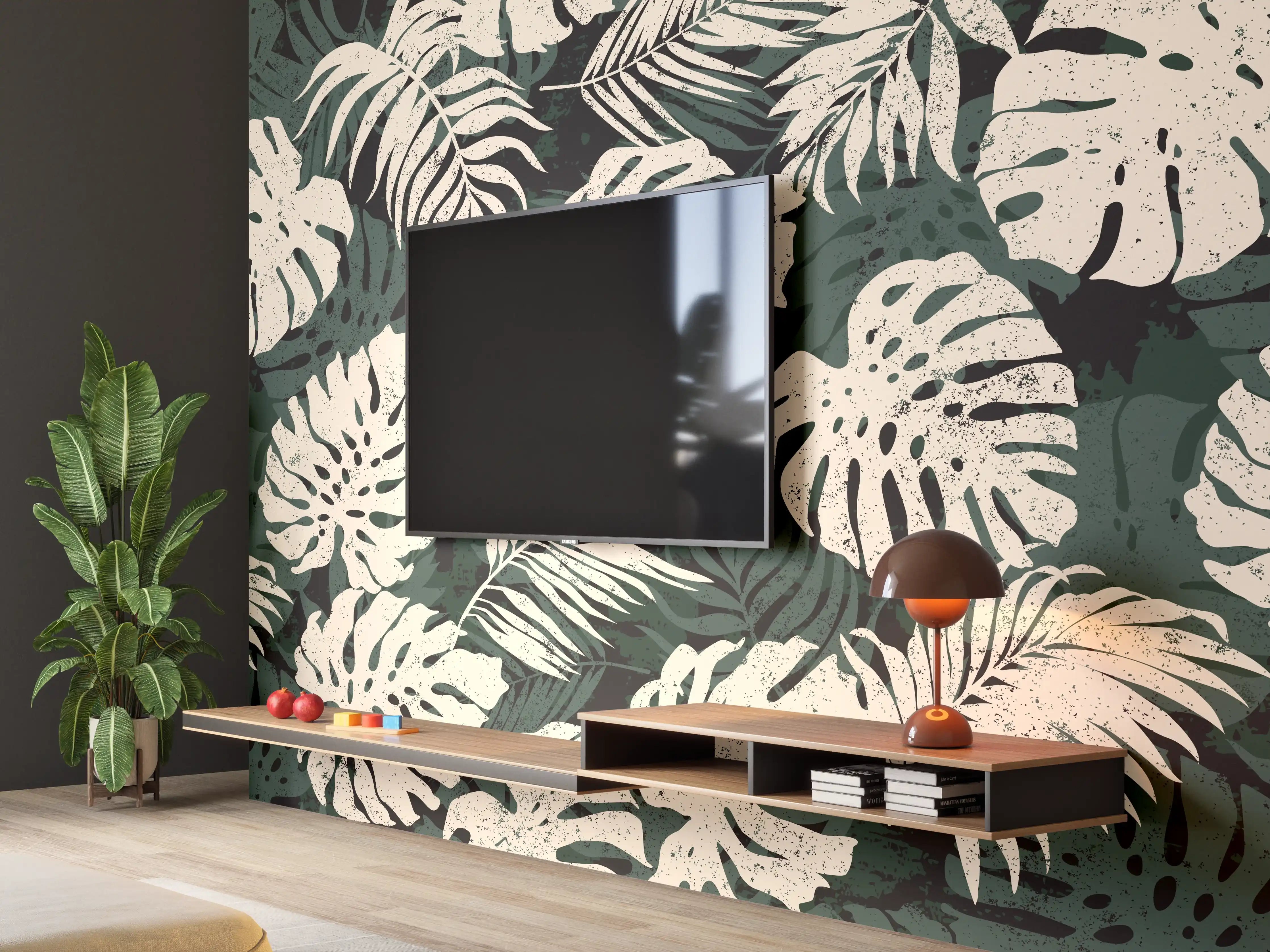 Wandverkleidung Wohnzimmer - Monstera Blattmuster Grün-Beige