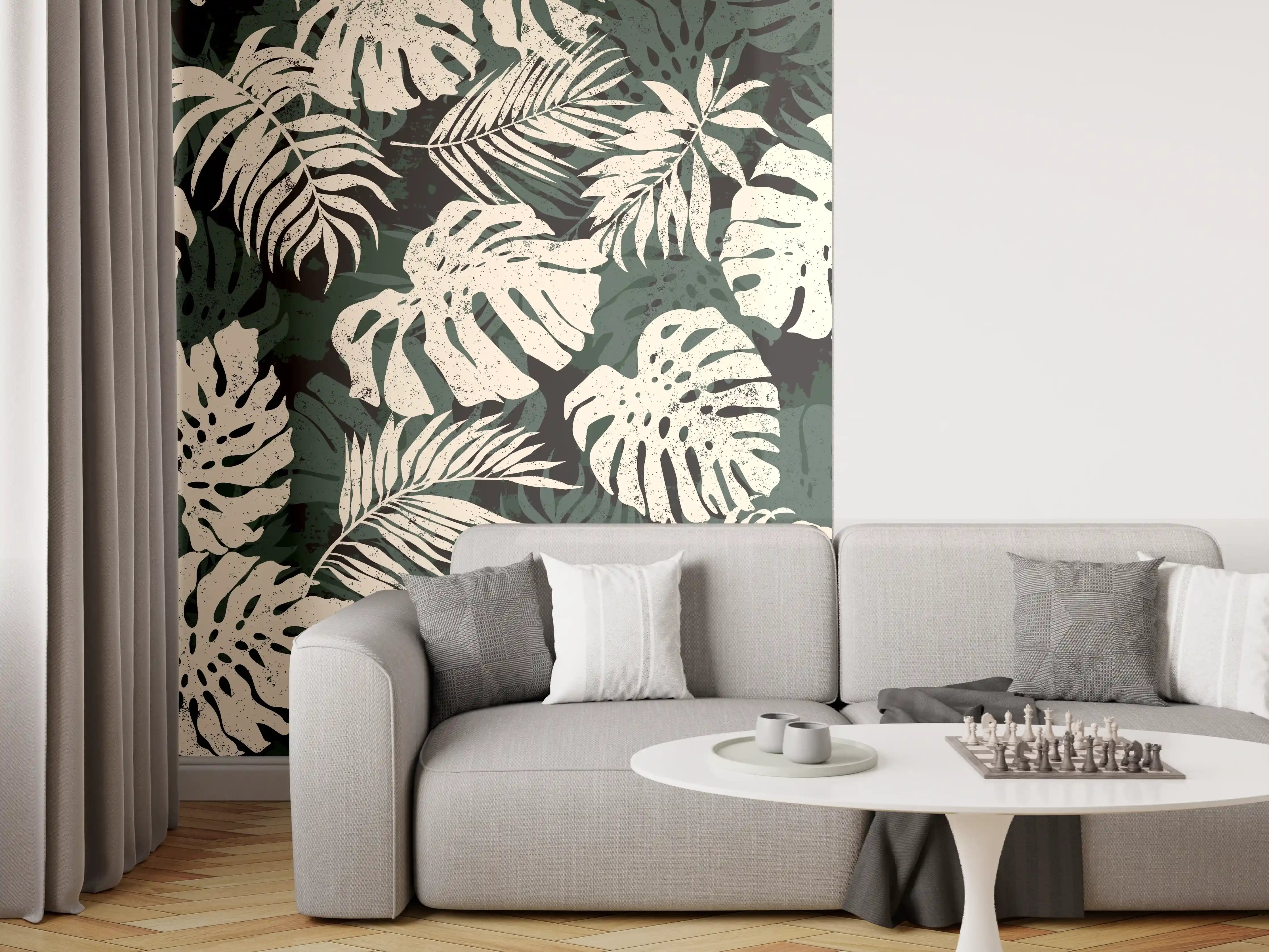 Wandverkleidung Wohnzimmer - Monstera Blattmuster Grün-Beige