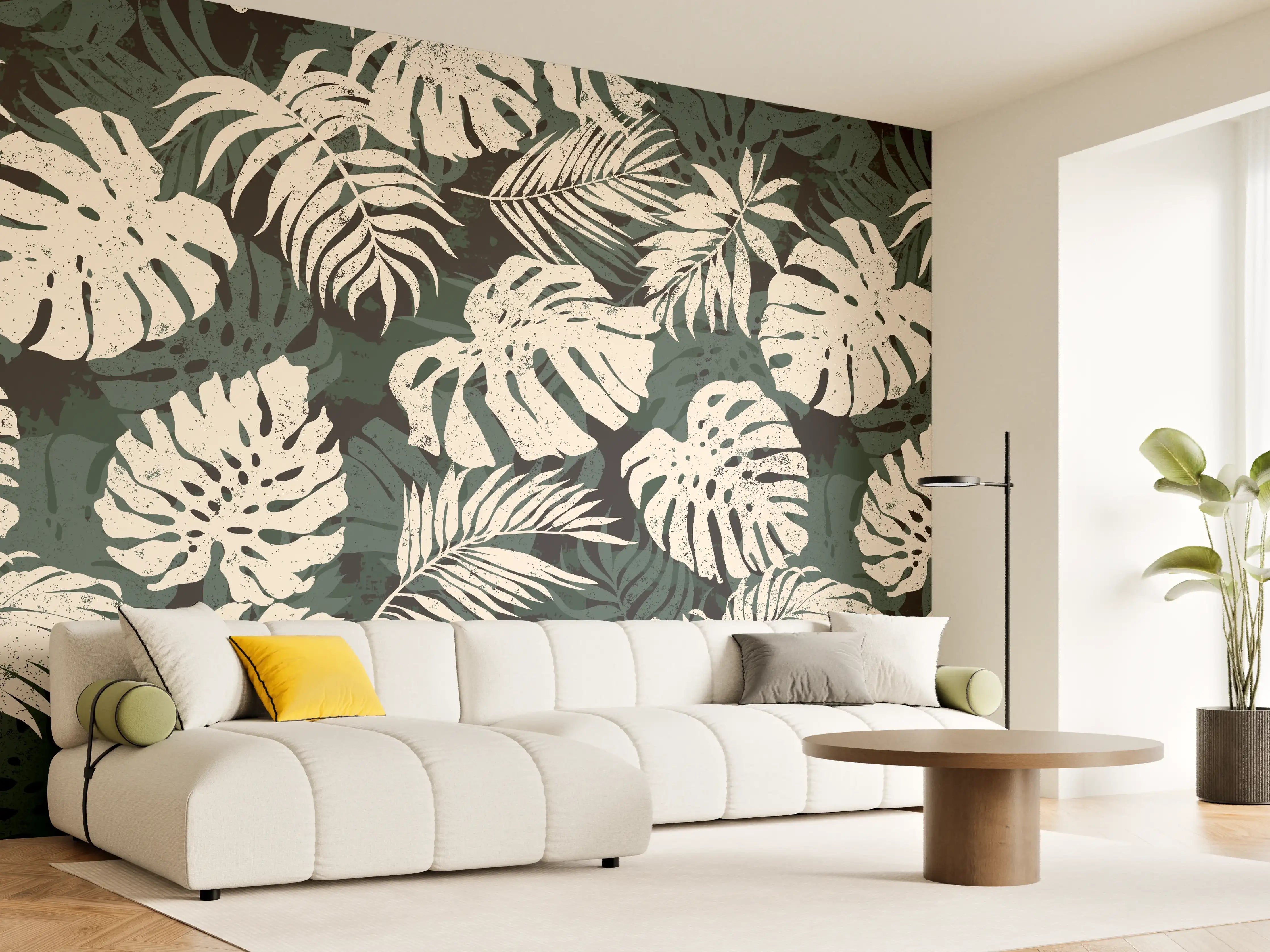 Wandverkleidung Wohnzimmer - Monstera Blattmuster Grün-Beige
