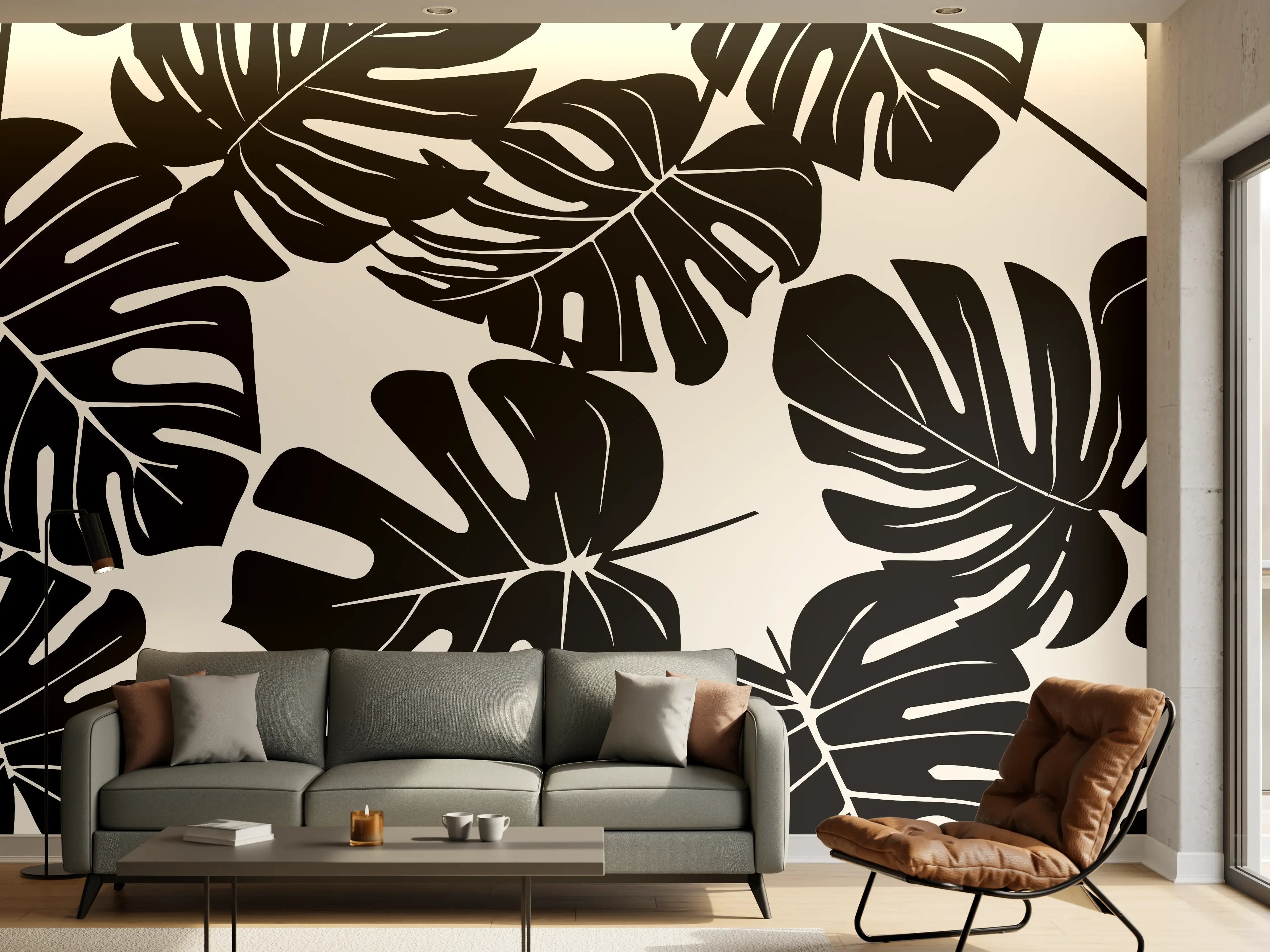 Wandverkleidung Wohnzimmer - Monstera Schwarz-Beige Muster