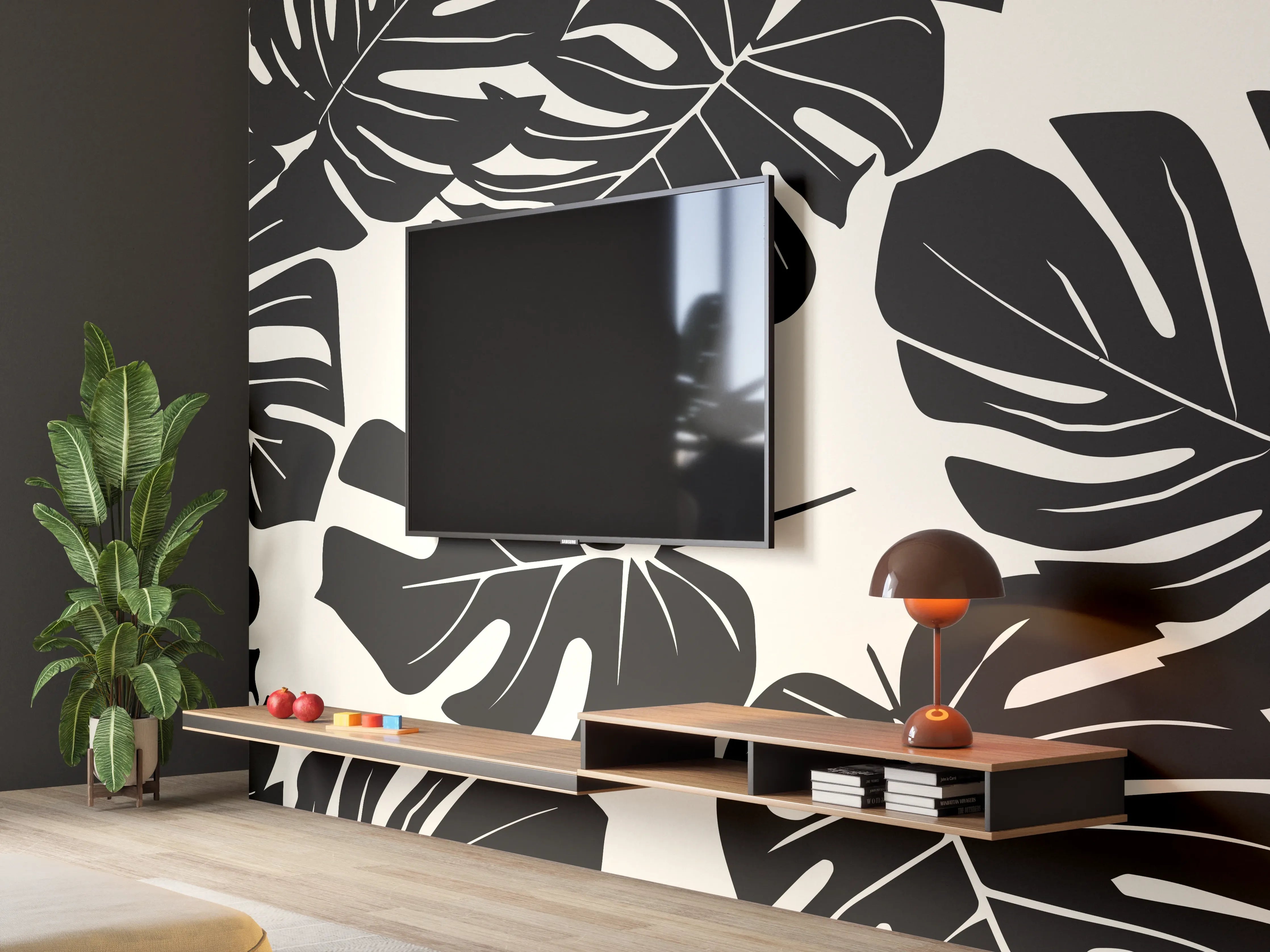Wandverkleidung Wohnzimmer - Monstera Schwarz-Beige Muster
