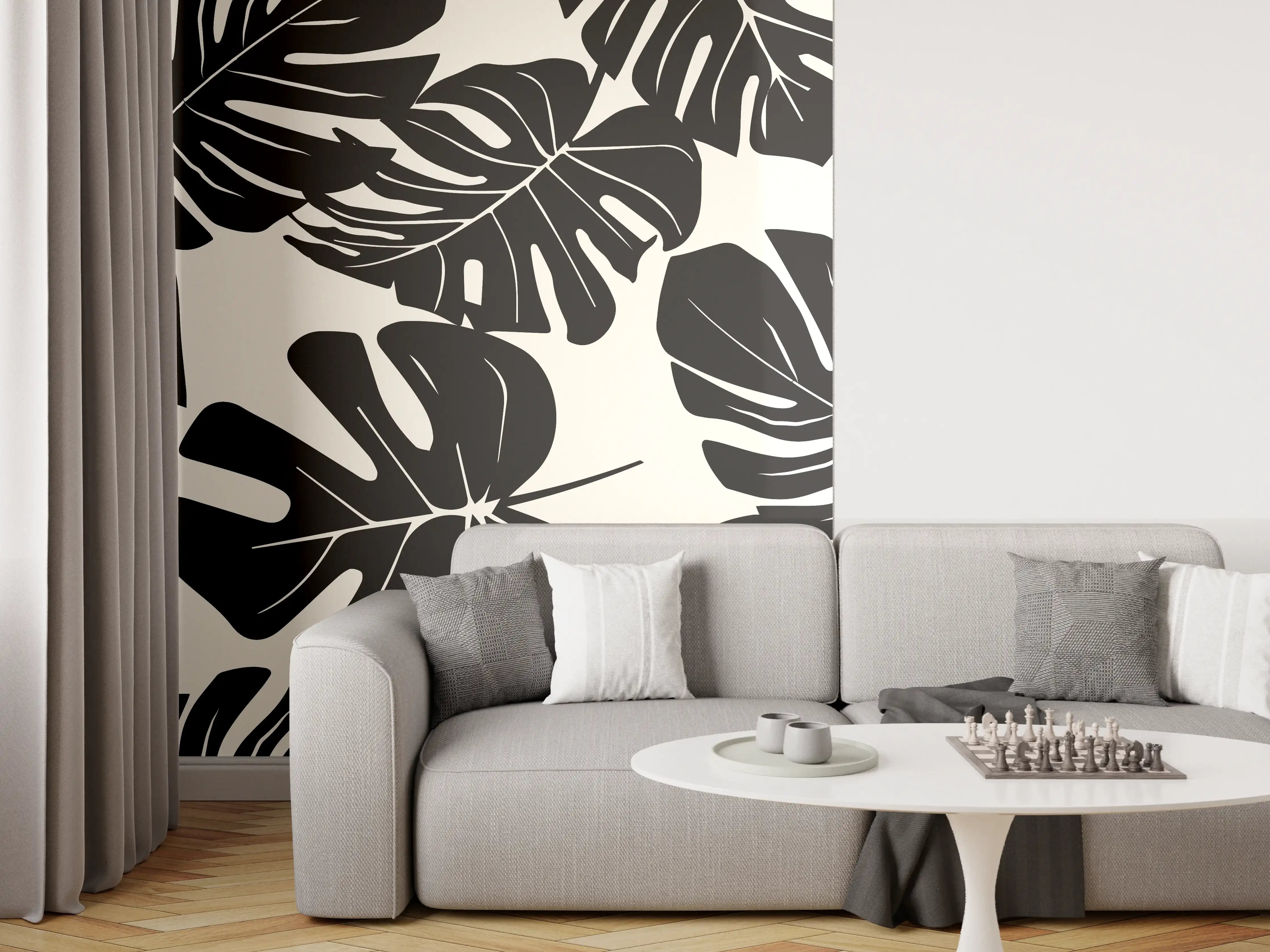 Wandverkleidung Wohnzimmer - Monstera Schwarz-Beige Muster