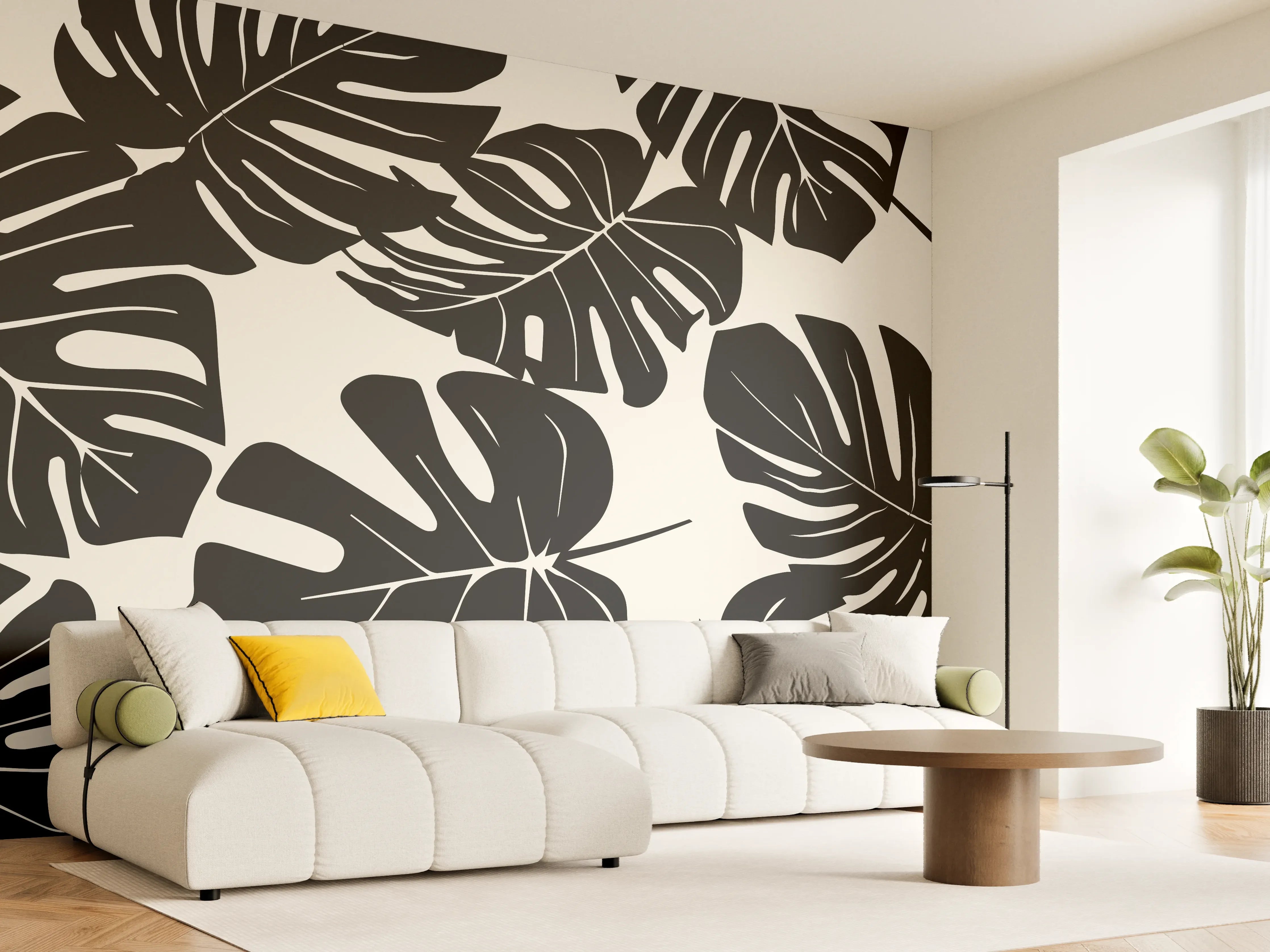 Wandverkleidung Wohnzimmer - Monstera Schwarz-Beige Muster