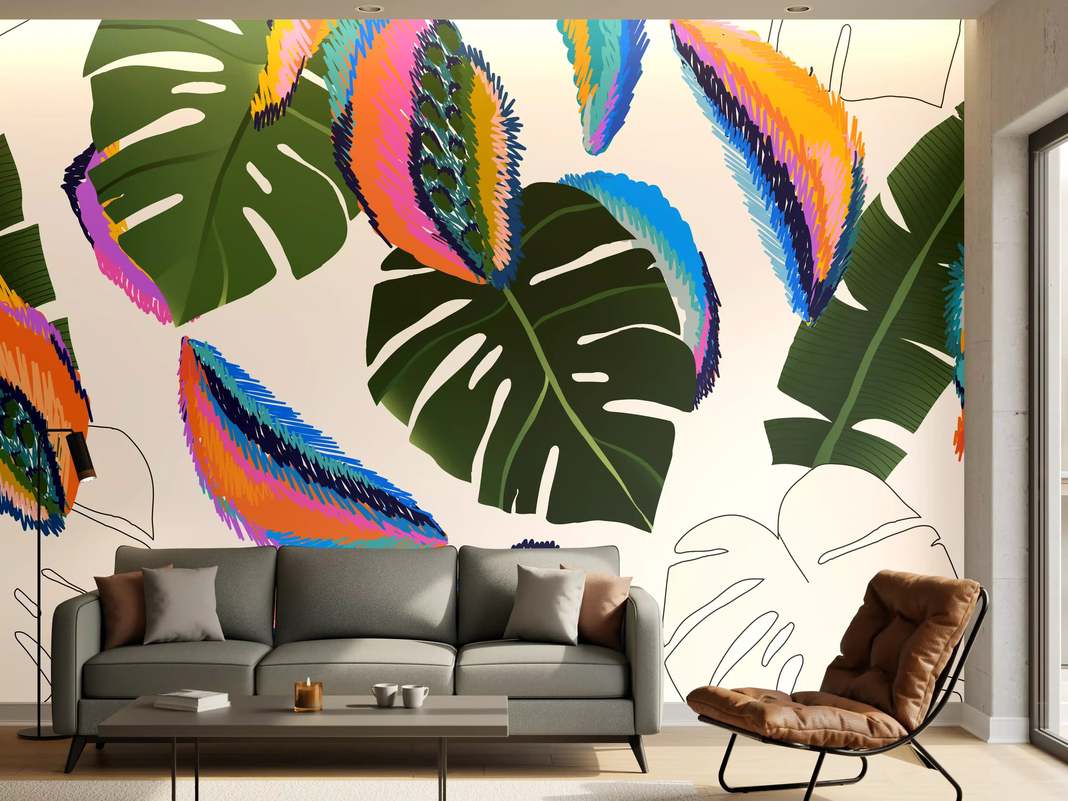 Wandverkleidung Wohnzimmer - Monstera Tropic Bunte Blätter