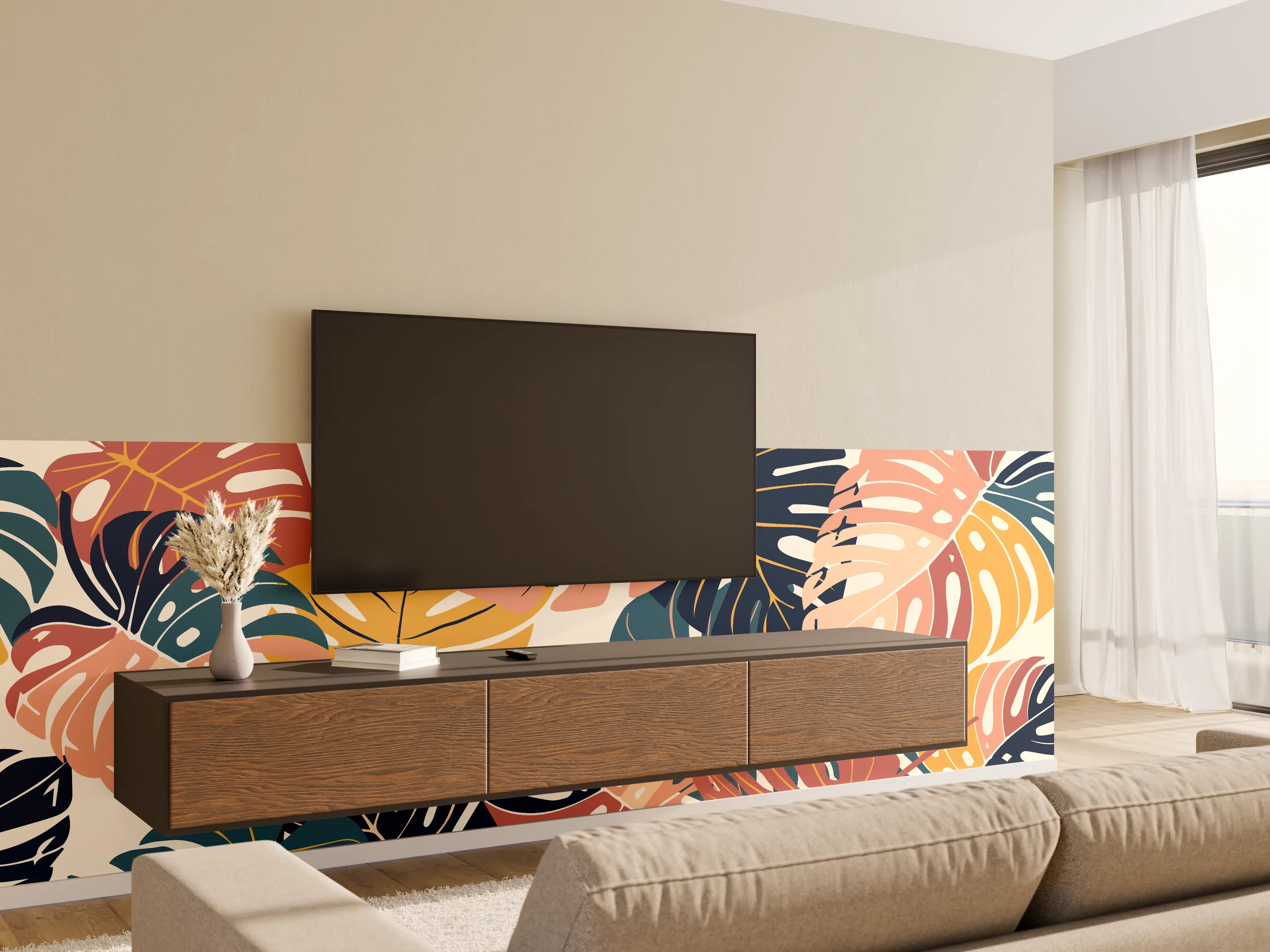Wandverkleidung Wohnzimmer - Monstera Tropic Koralle Türkis