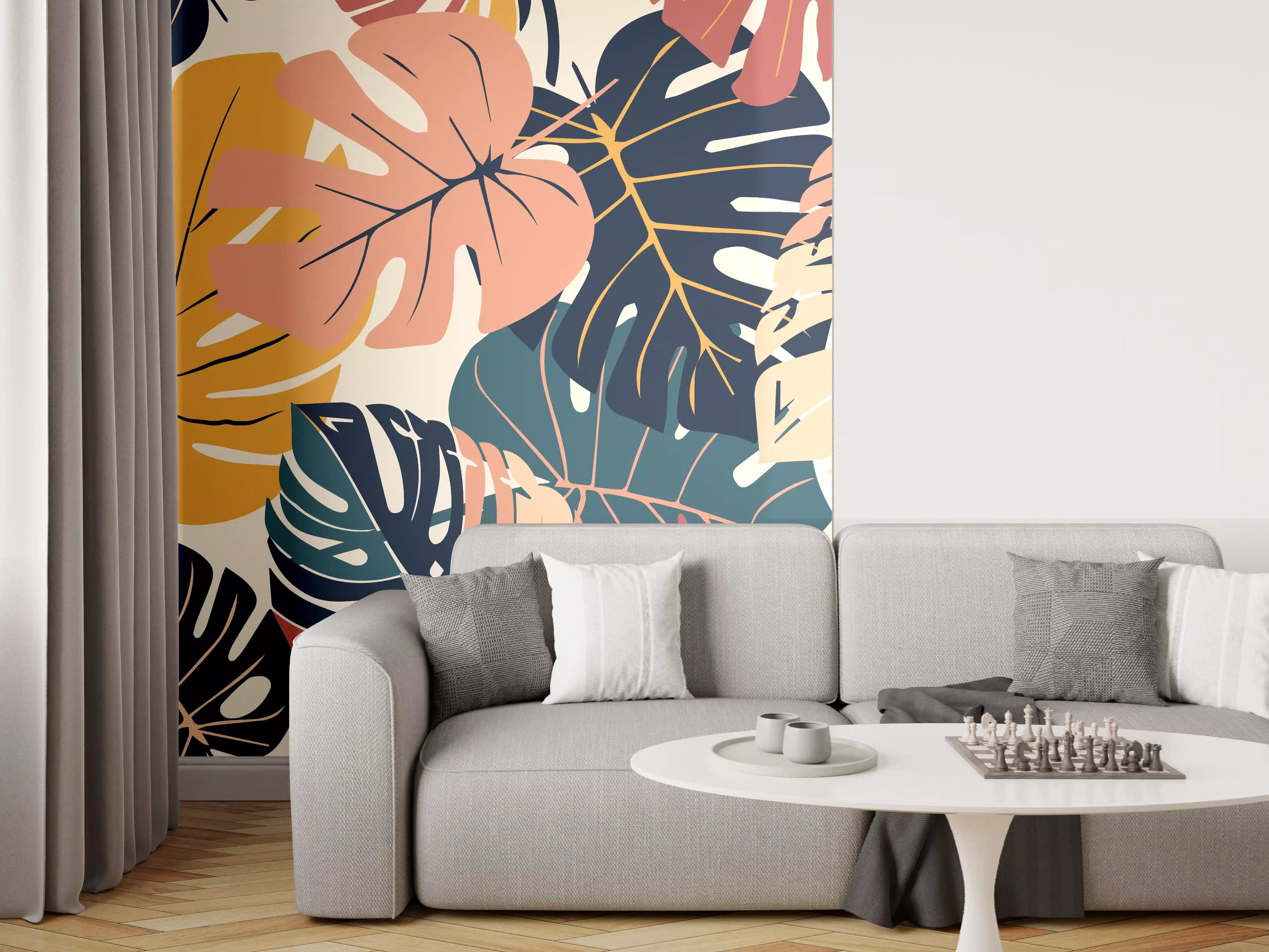 Wandverkleidung Wohnzimmer - Monstera Tropic Koralle Türkis