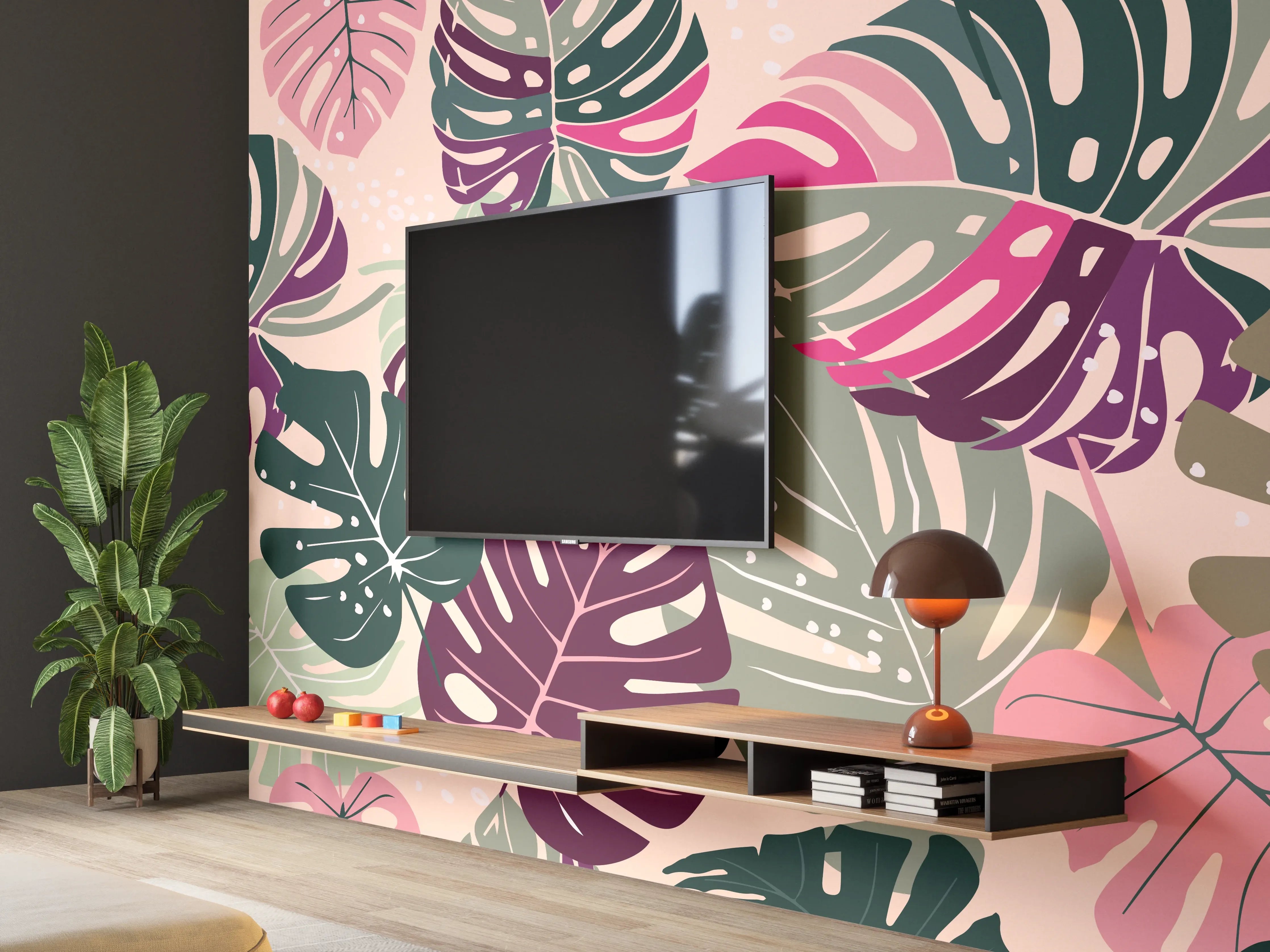 Wandverkleidung Wohnzimmer - Monstera Tropic Rosa-Grün