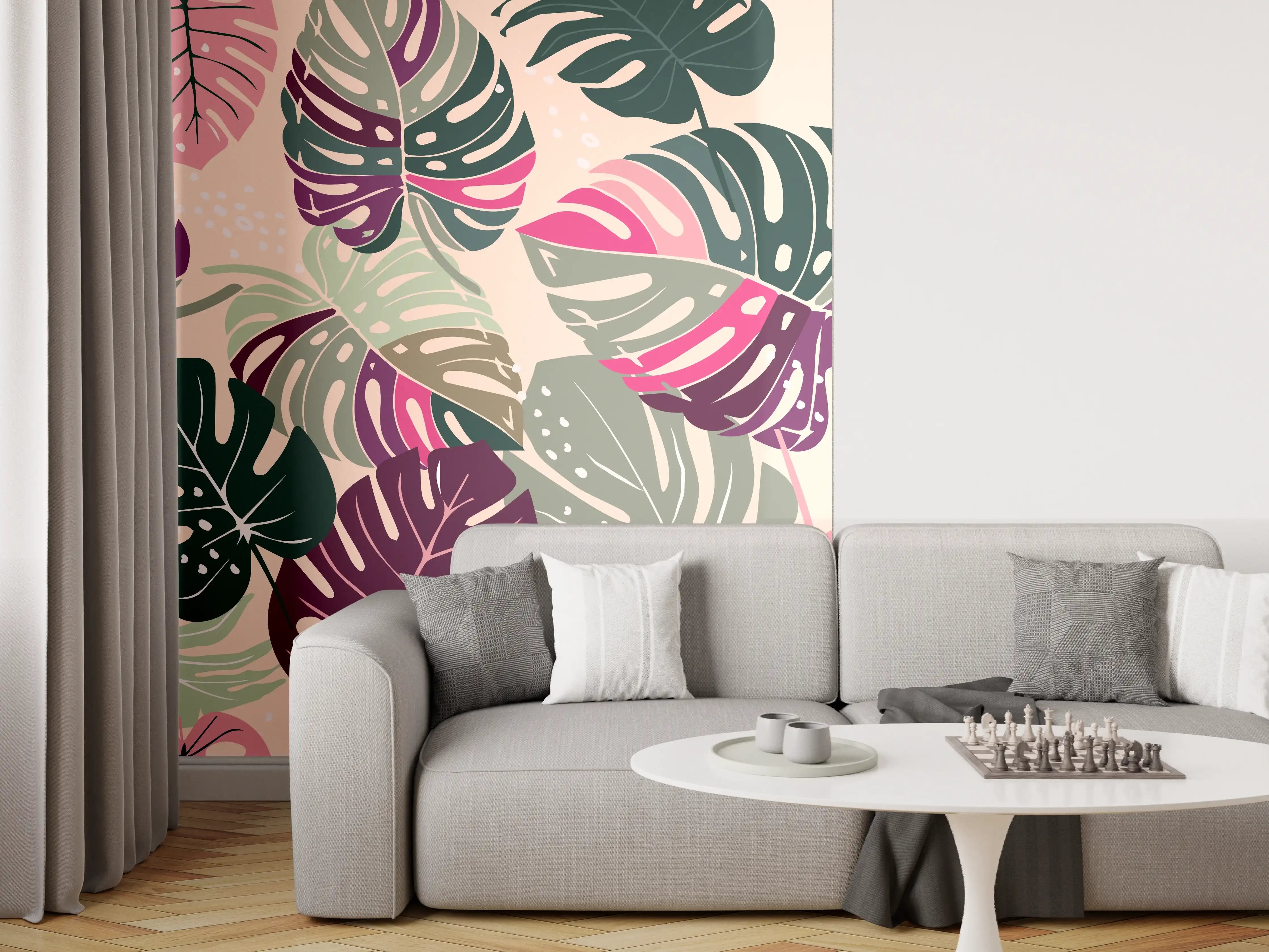 Wandverkleidung Wohnzimmer - Monstera Tropic Rosa-Grün