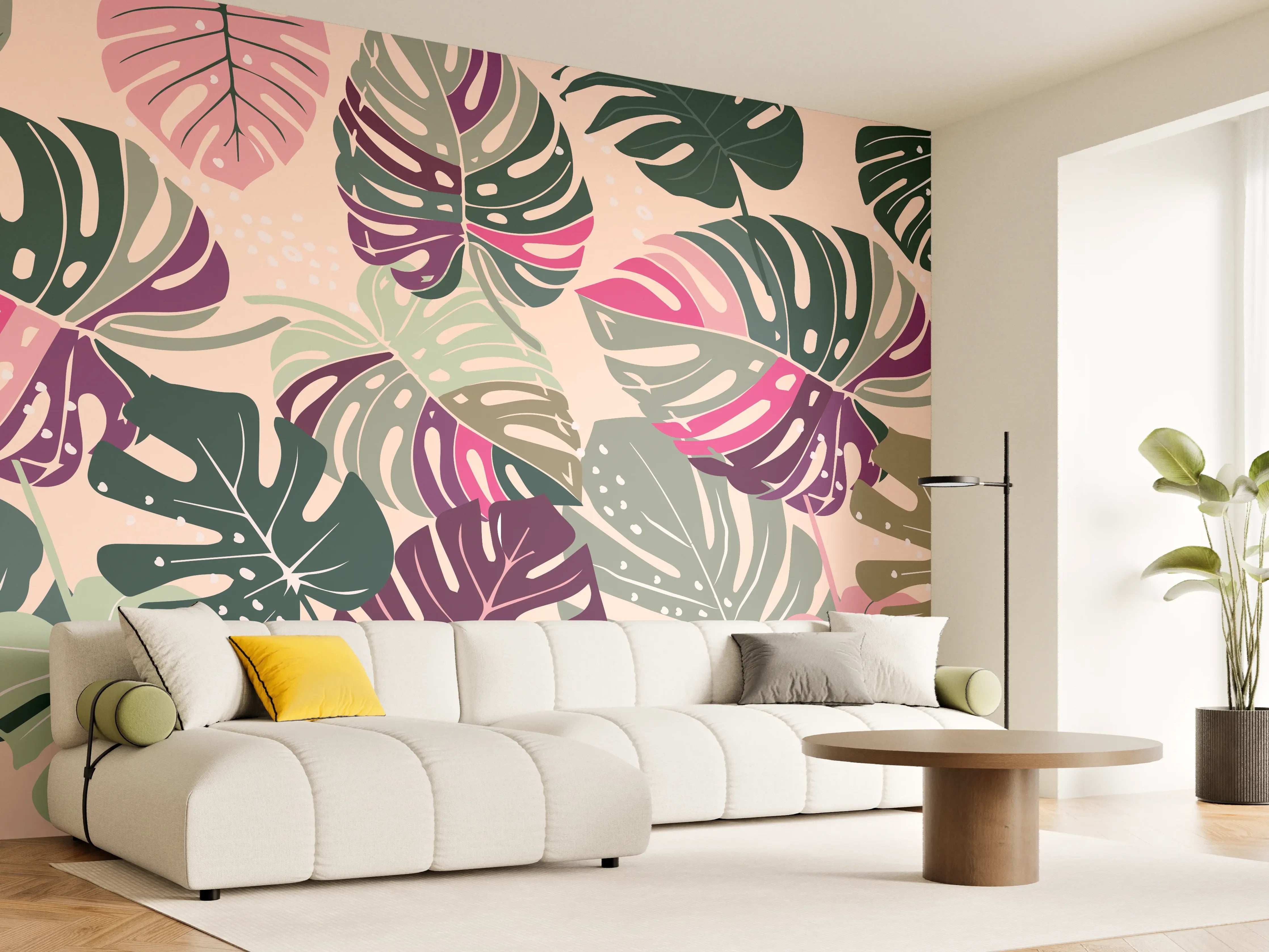 Wandverkleidung Wohnzimmer - Monstera Tropic Rosa-Grün
