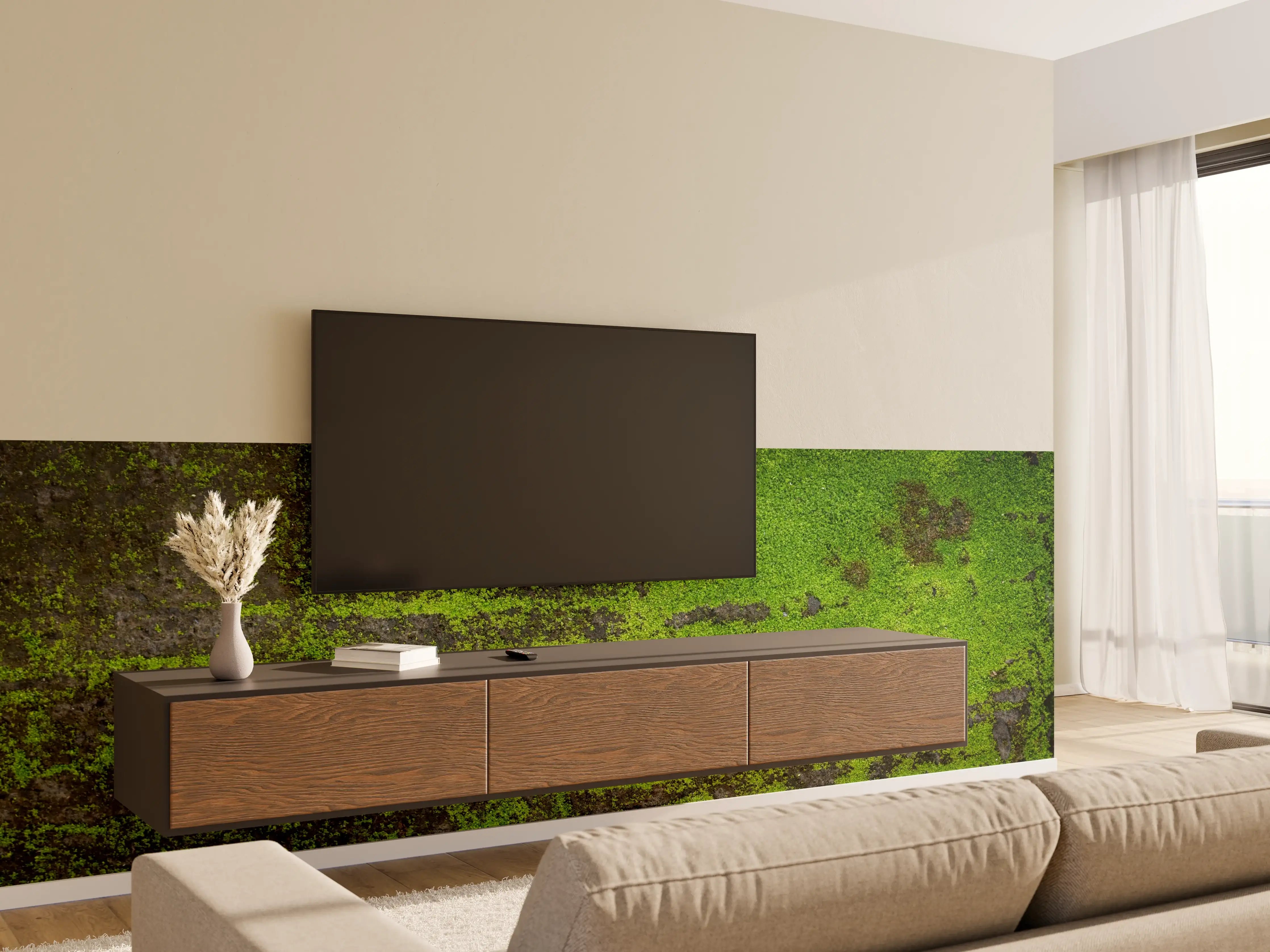 Wandverkleidung Wohnzimmer - Moosbedecktes Holz im Naturlook