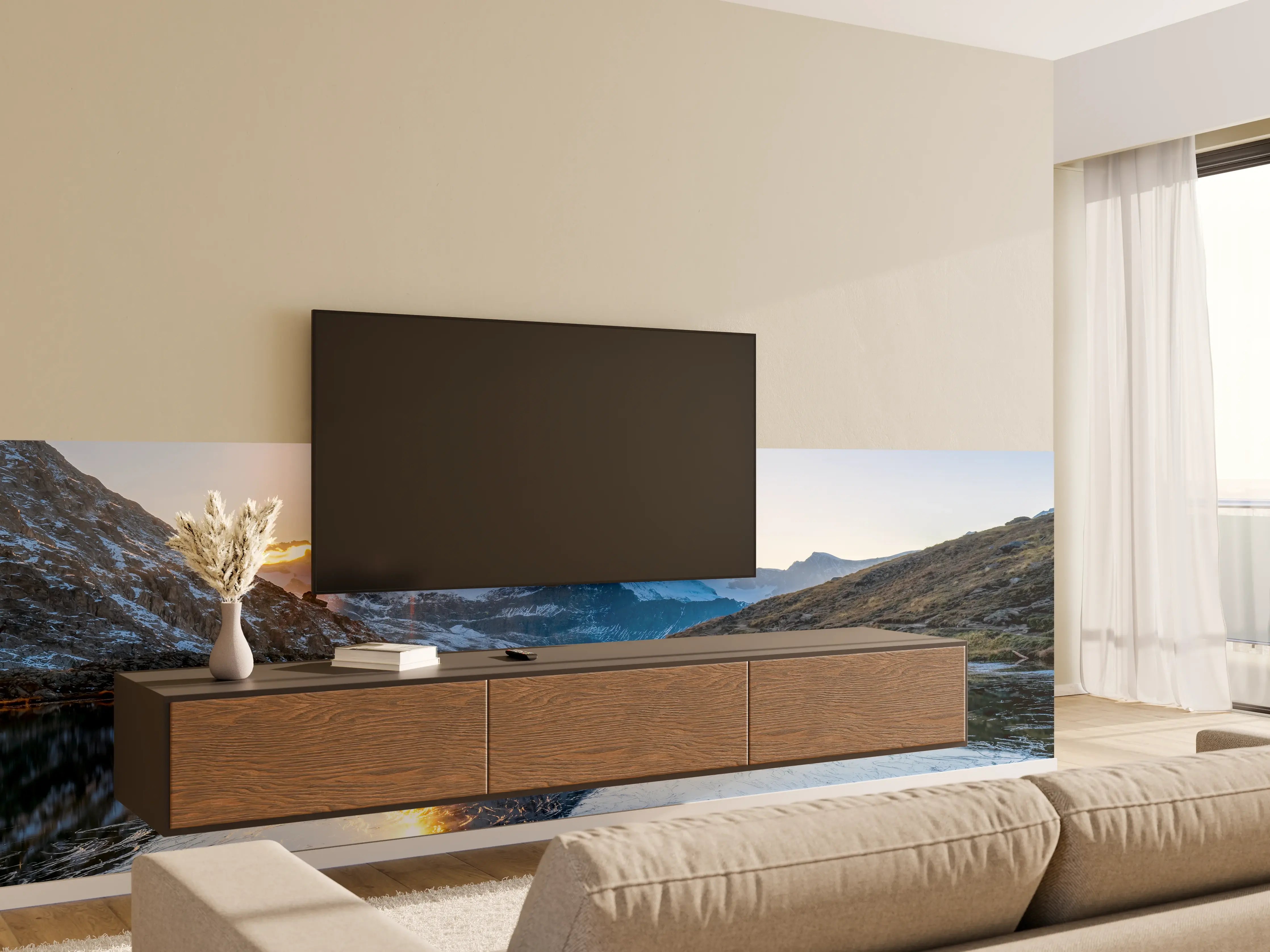Wandverkleidung Wohnzimmer - Morgenlicht über grauen Bergen