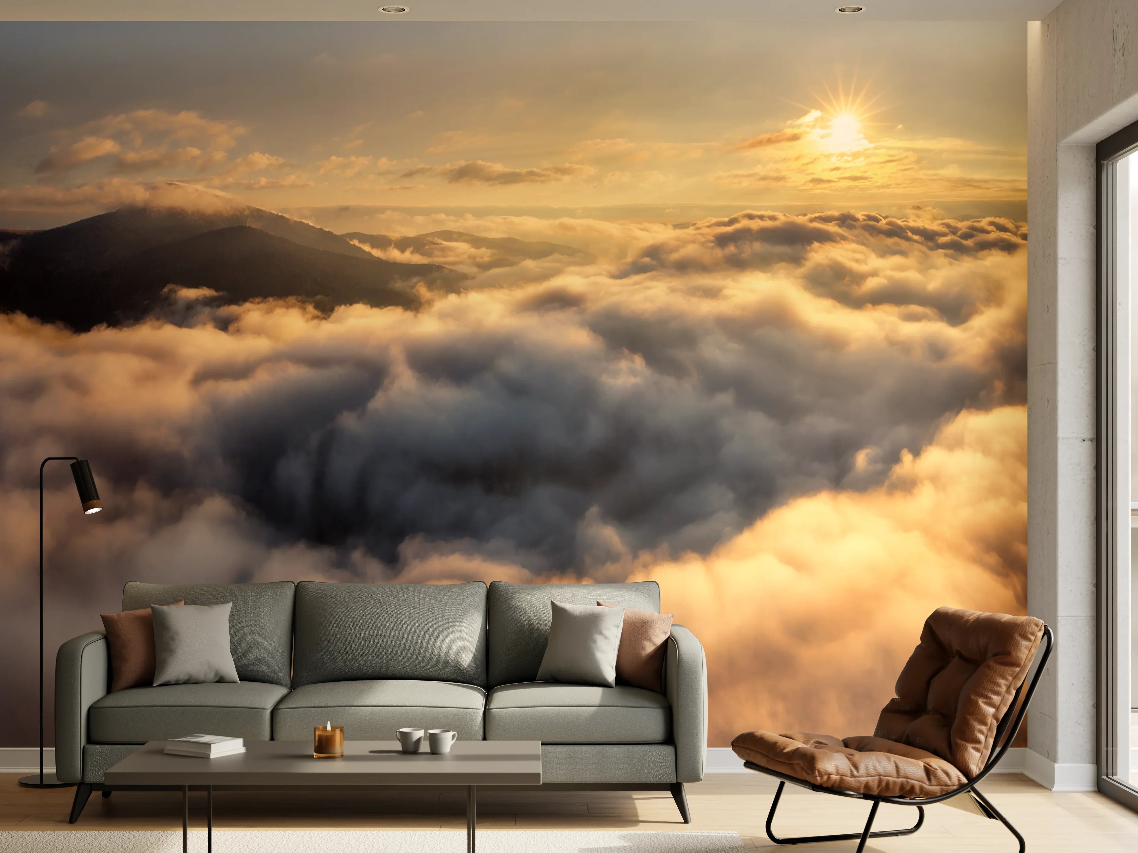 Wandverkleidung Wohnzimmer - Morgenlicht über grauen Wolken