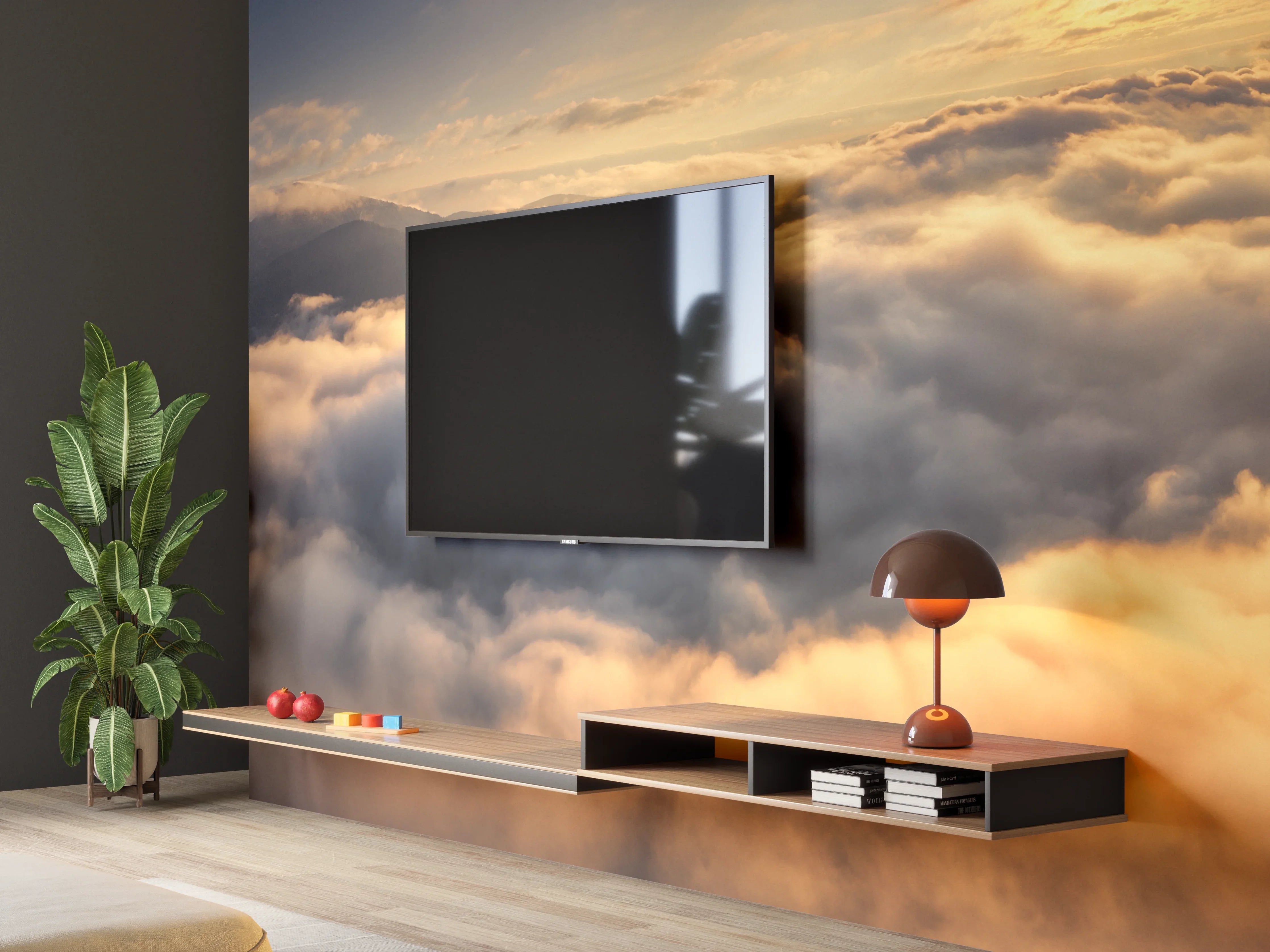Wandverkleidung Wohnzimmer - Morgenlicht über grauen Wolken