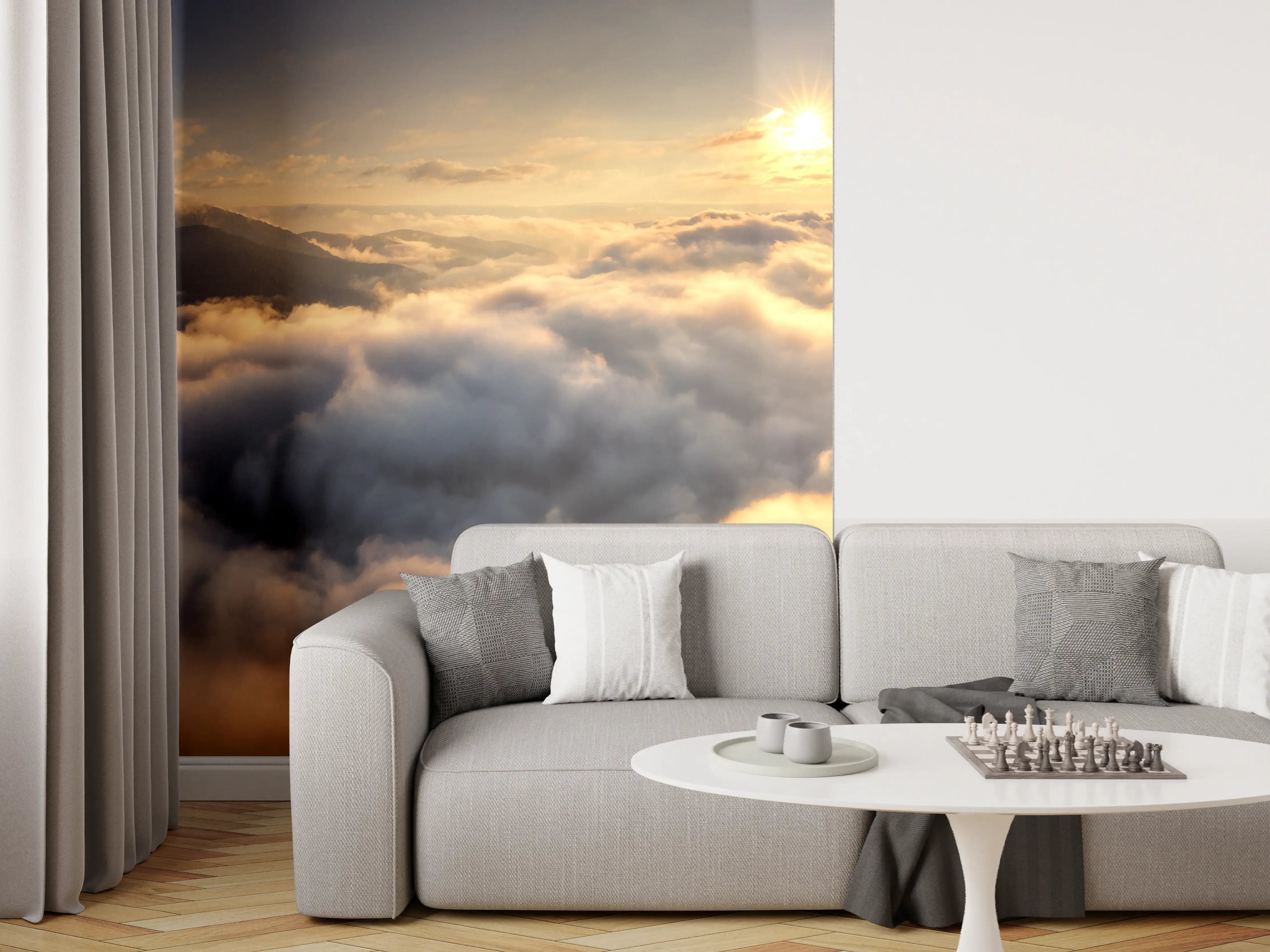 Wandverkleidung Wohnzimmer - Morgenlicht über grauen Wolken