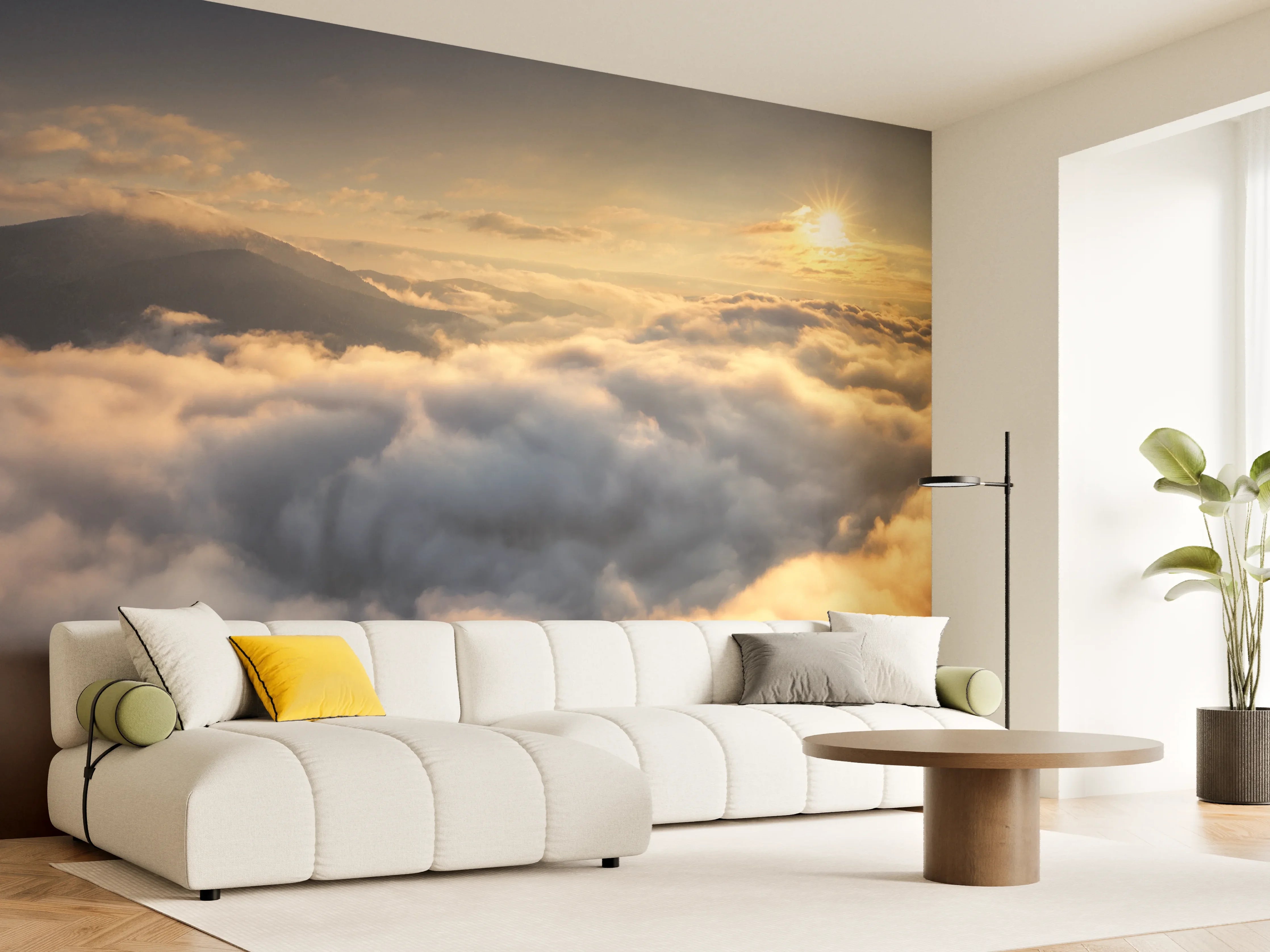 Wandverkleidung Wohnzimmer - Morgenlicht über grauen Wolken
