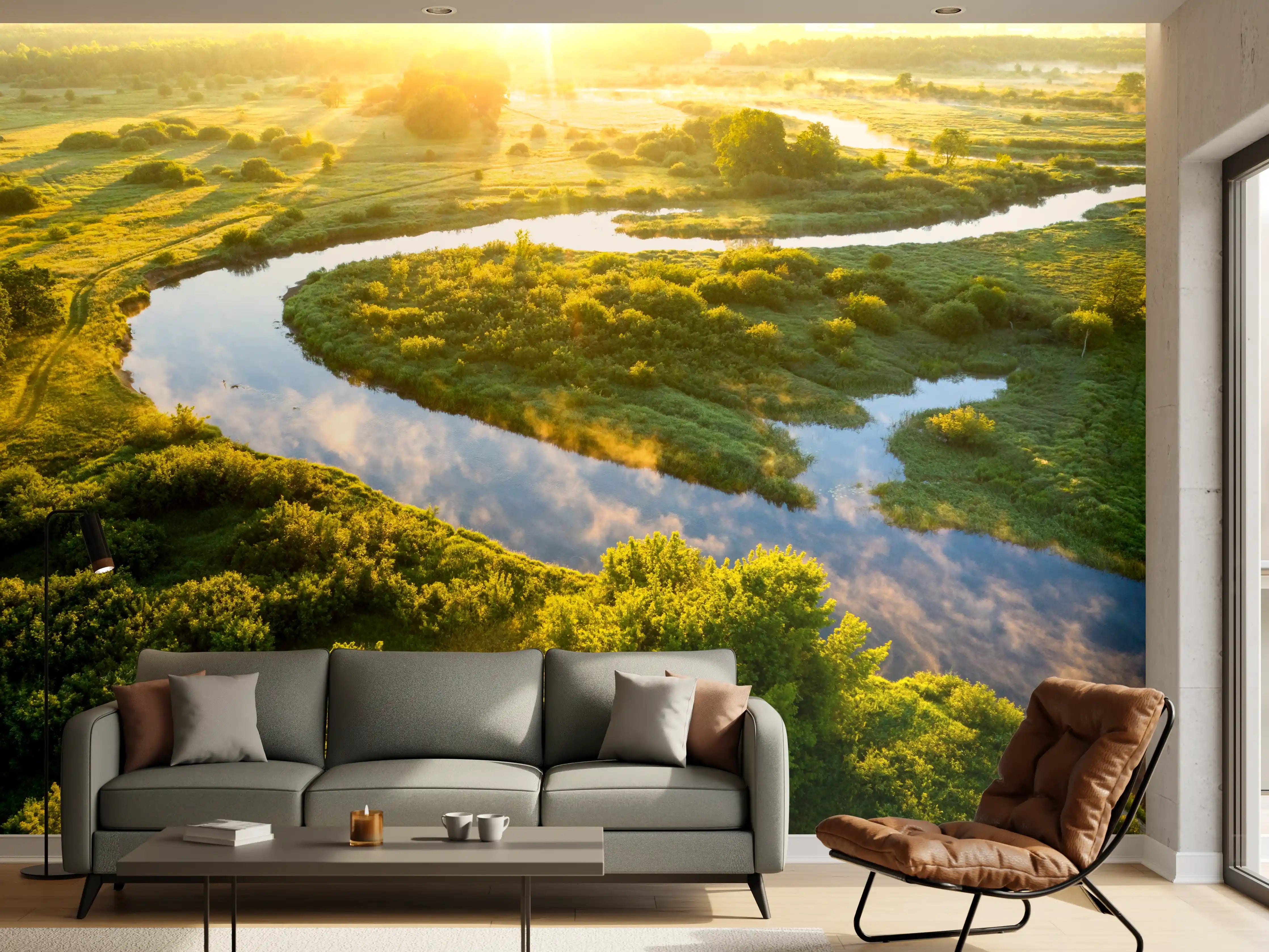 Wandverkleidung Wohnzimmer - Morgenlicht über grauer Flusswelle