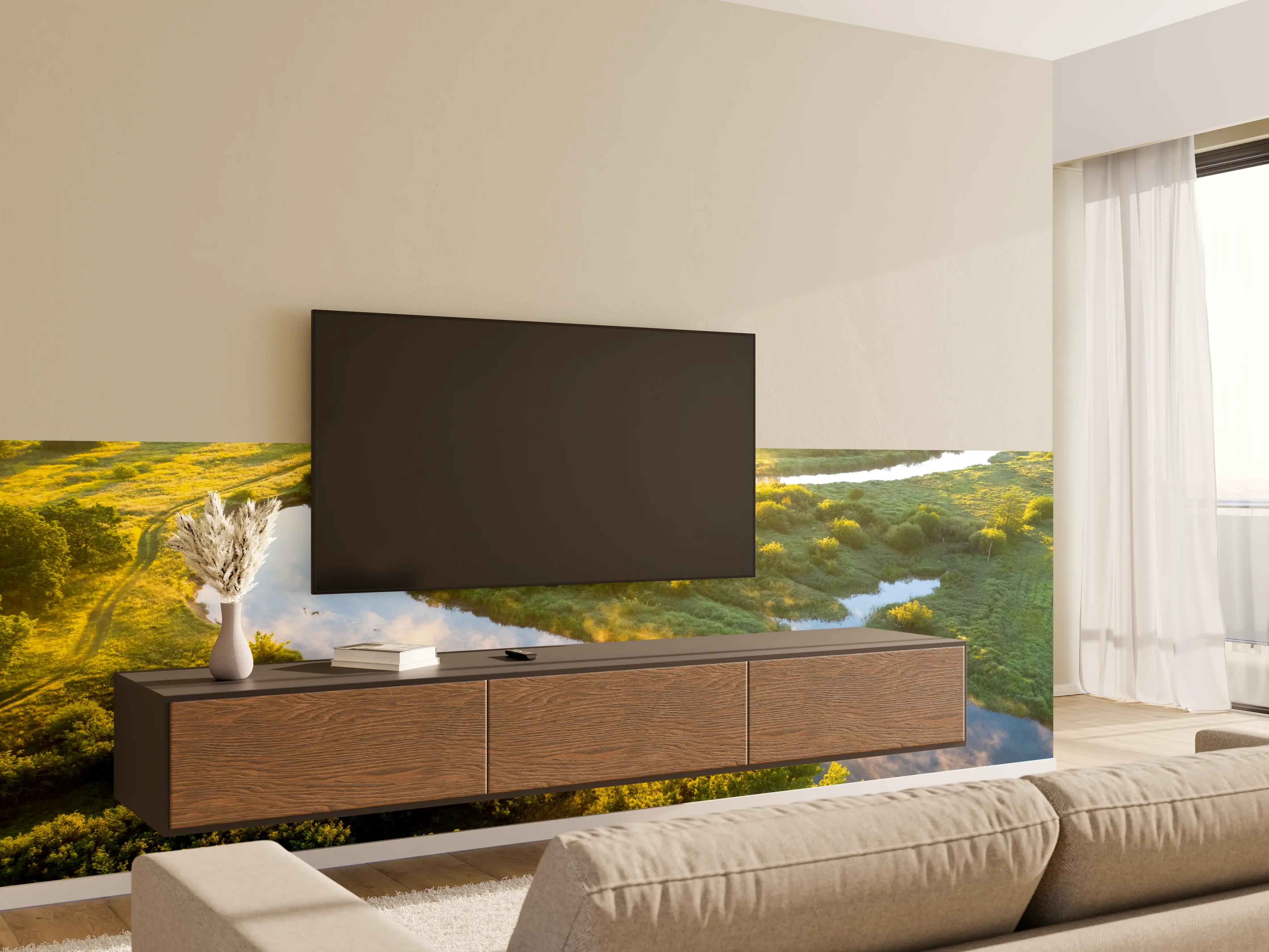 Wandverkleidung Wohnzimmer - Morgenlicht über grauer Flusswelle