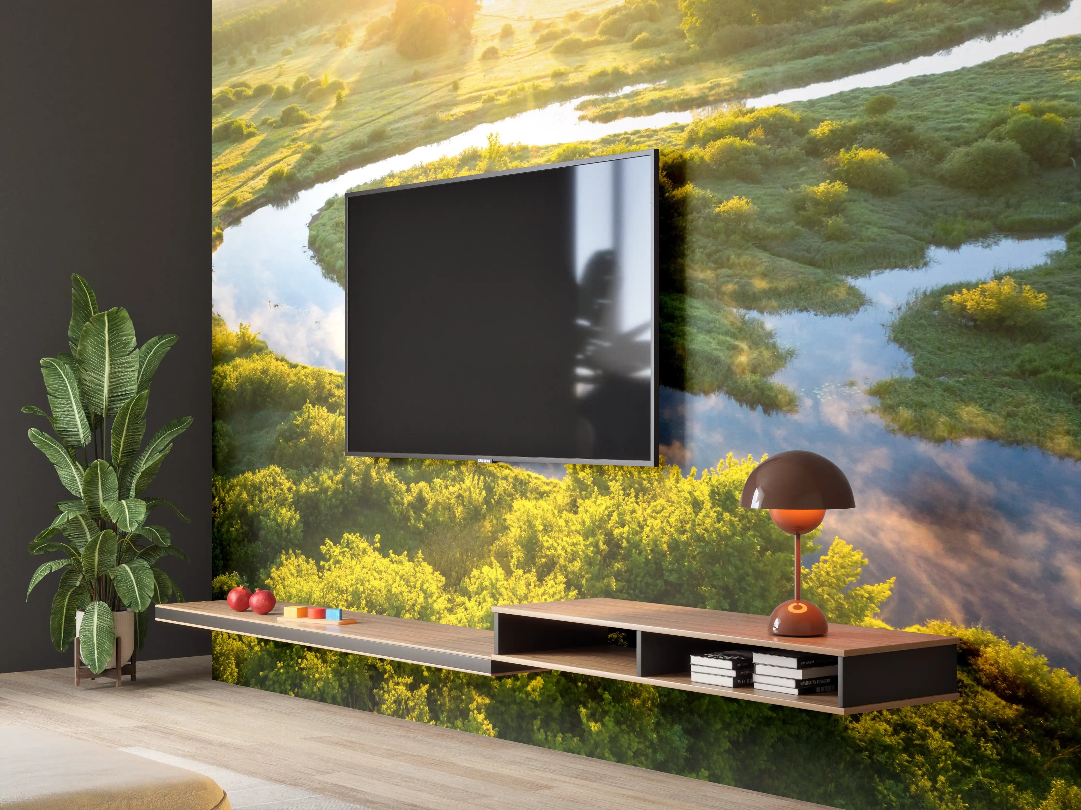 Wandverkleidung Wohnzimmer - Morgenlicht über grauer Flusswelle