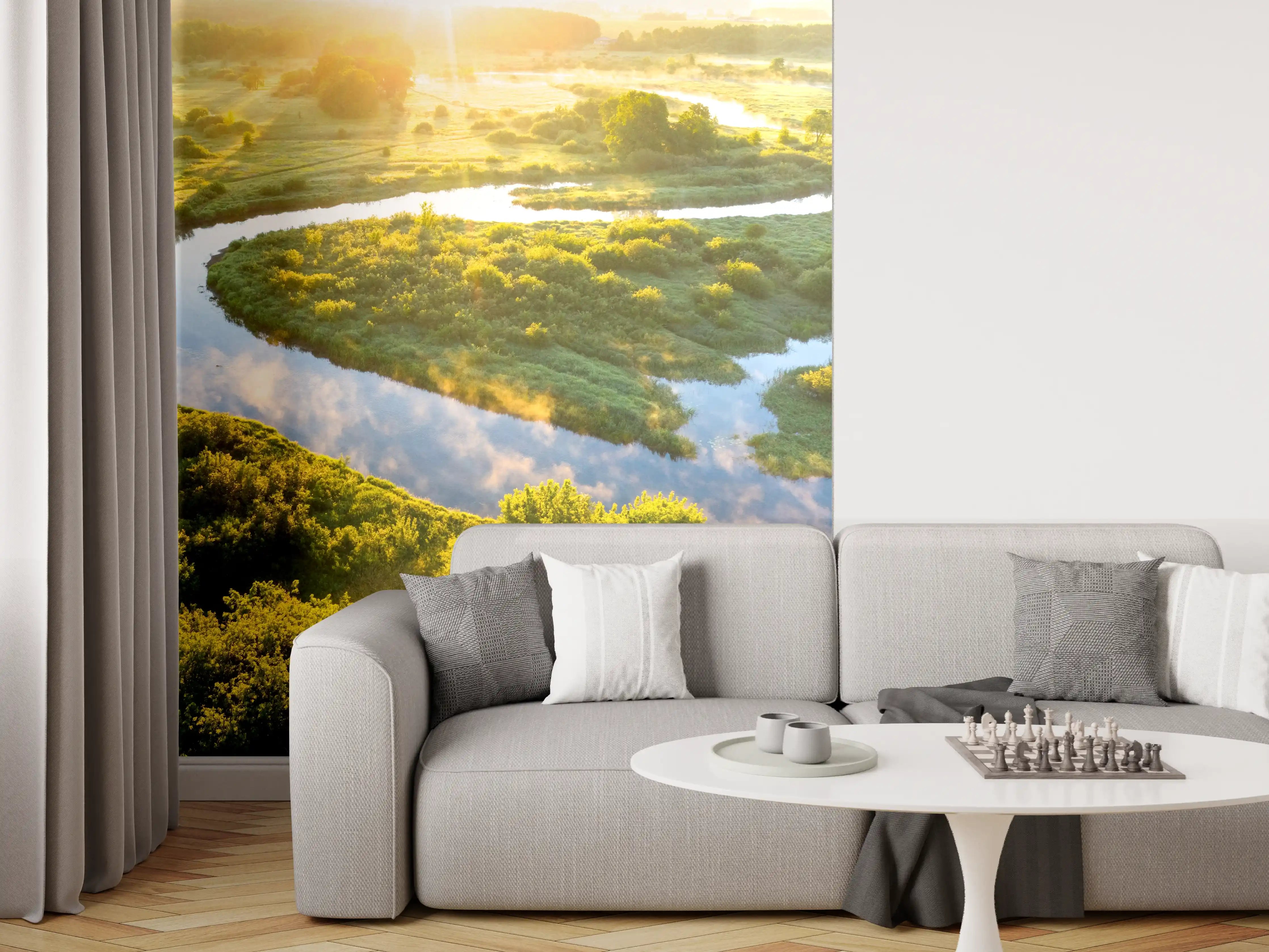 Wandverkleidung Wohnzimmer - Morgenlicht über grauer Flusswelle