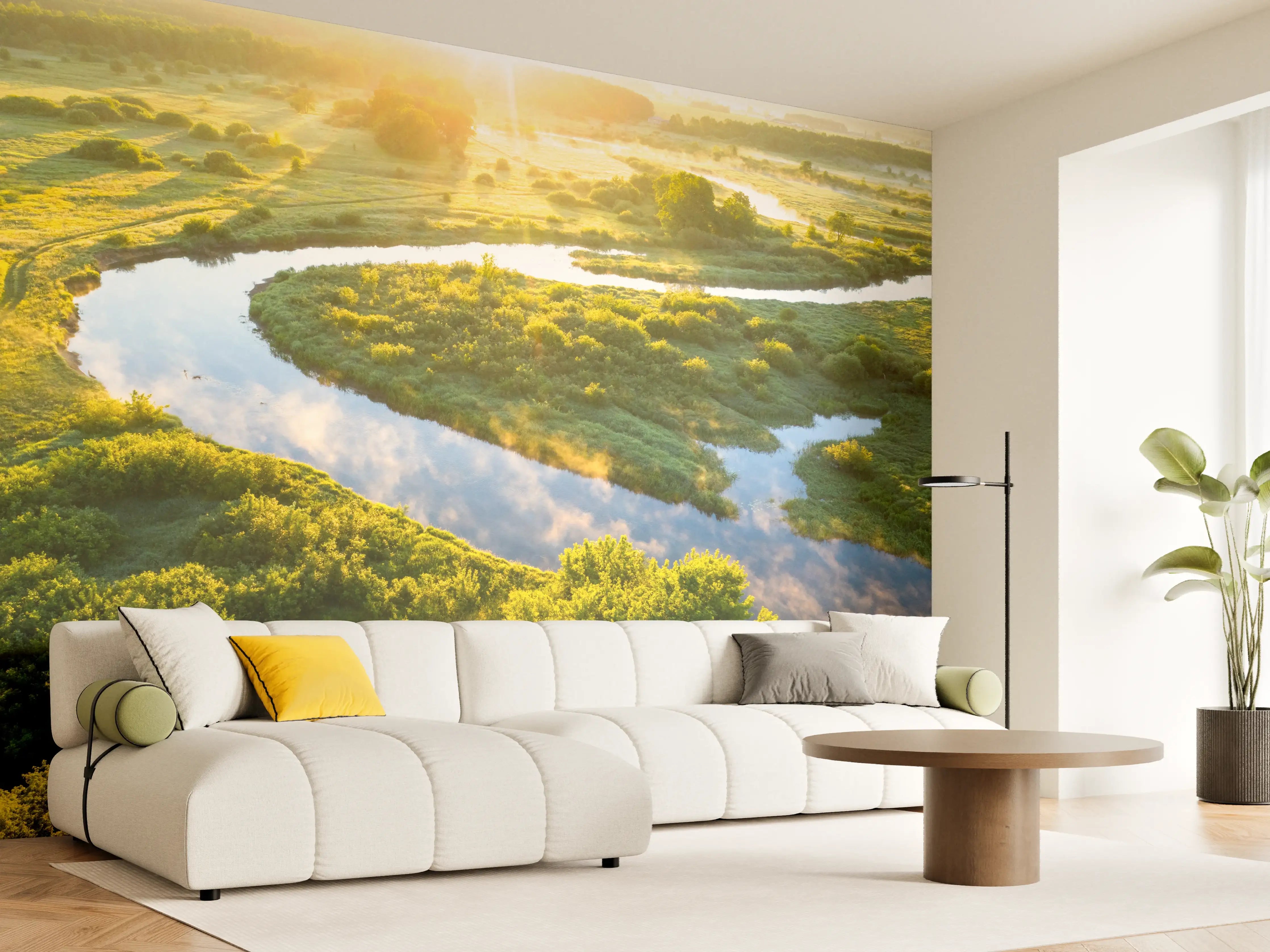 Wandverkleidung Wohnzimmer - Morgenlicht über grauer Flusswelle