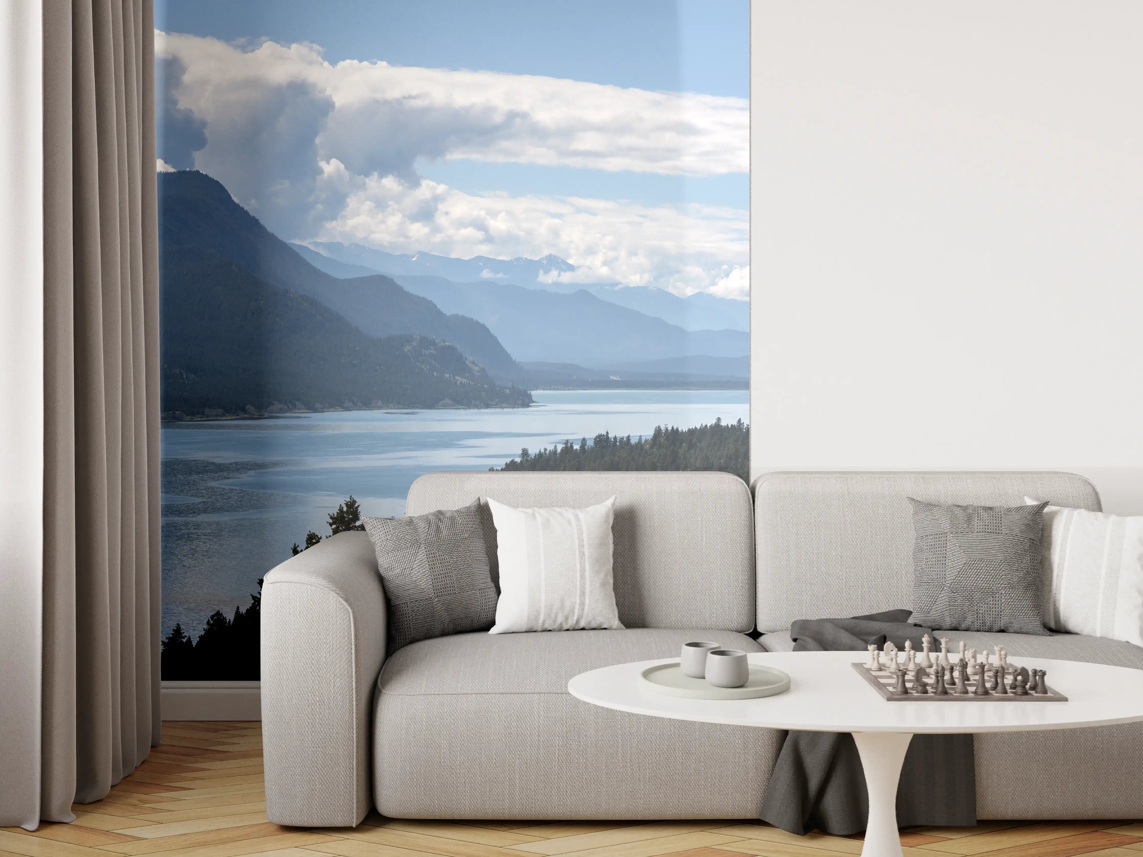 Wandverkleidung Wohnzimmer - Morgennebel über den Gipfeln des Fairmont Ridge