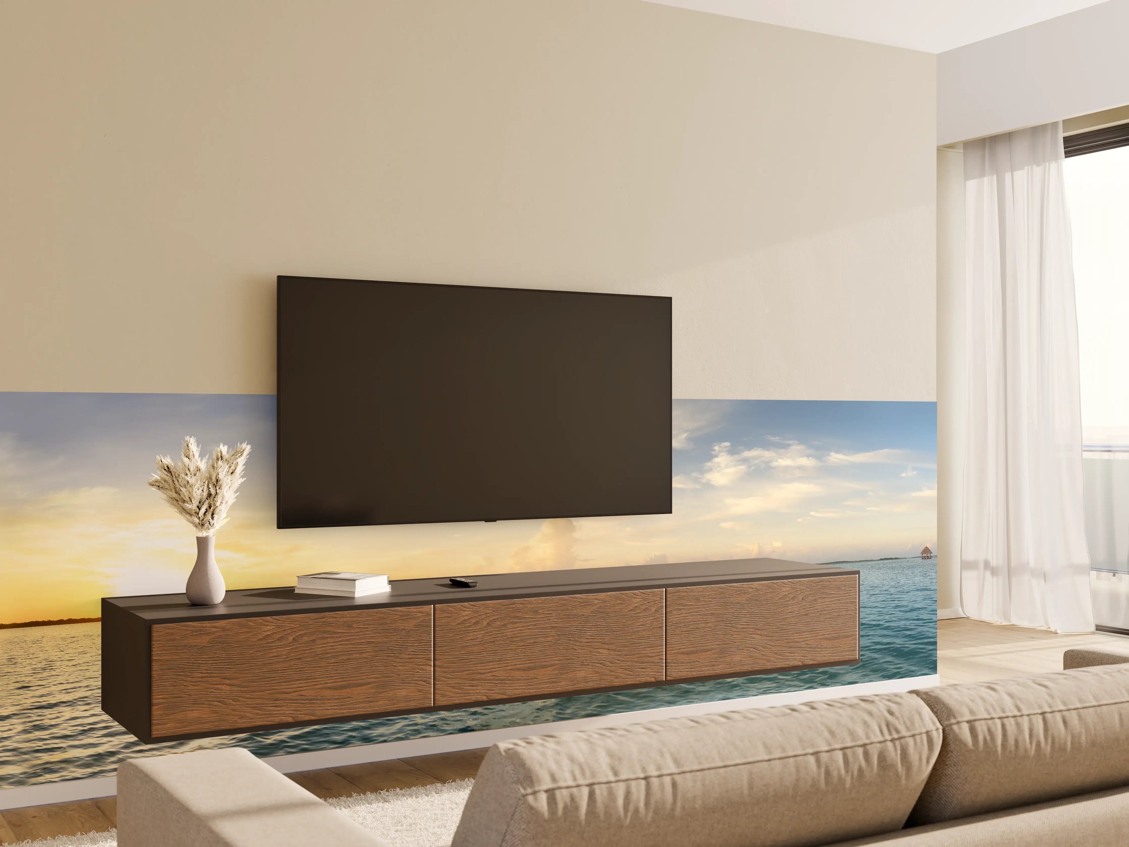 Wandverkleidung Wohnzimmer - Morgenröte über grauem Meer